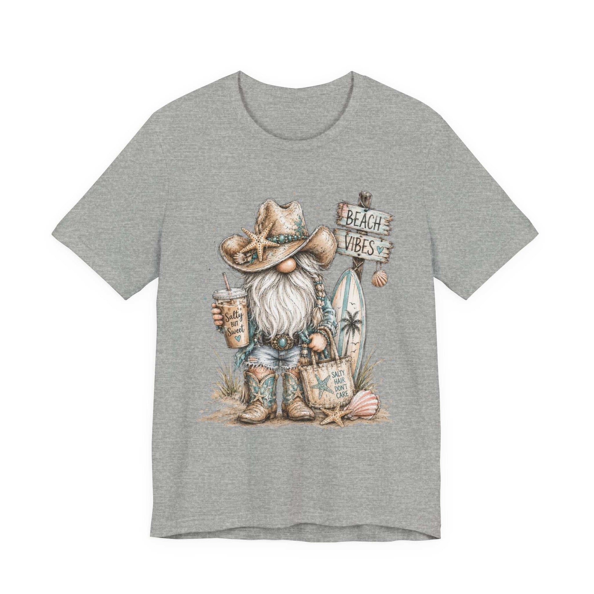 Coastal Cowgirl Beach Gnome t-shirt with turquoise accents and cowboy boots in watercolor style