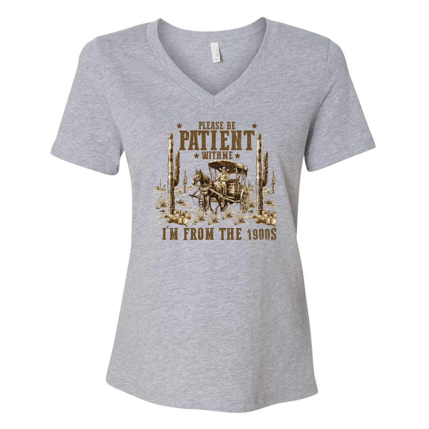 Women's vintage-style V-neck tee with faded 1900s pickup and desert graphic