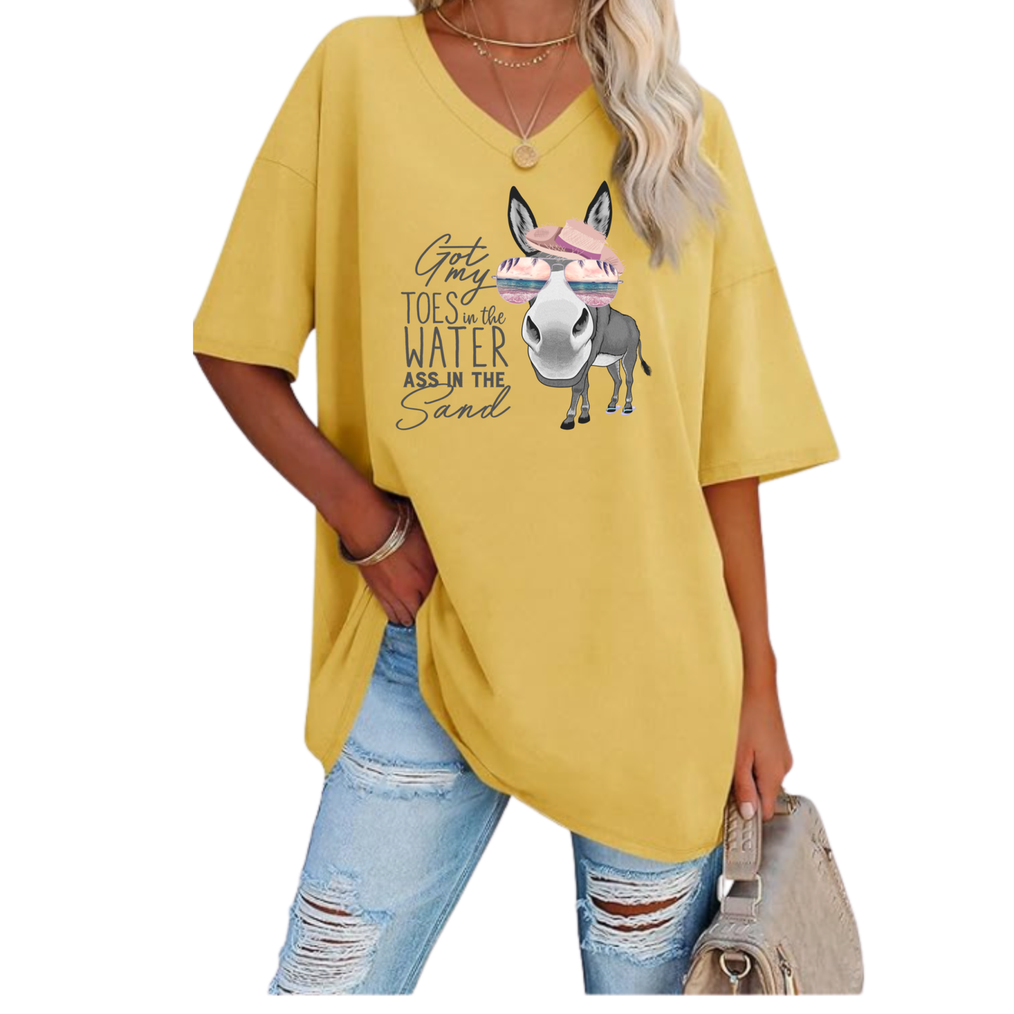 Oversized V-neck tunic tee with "Got My Toes in the Water" donkey graphic and beach theme