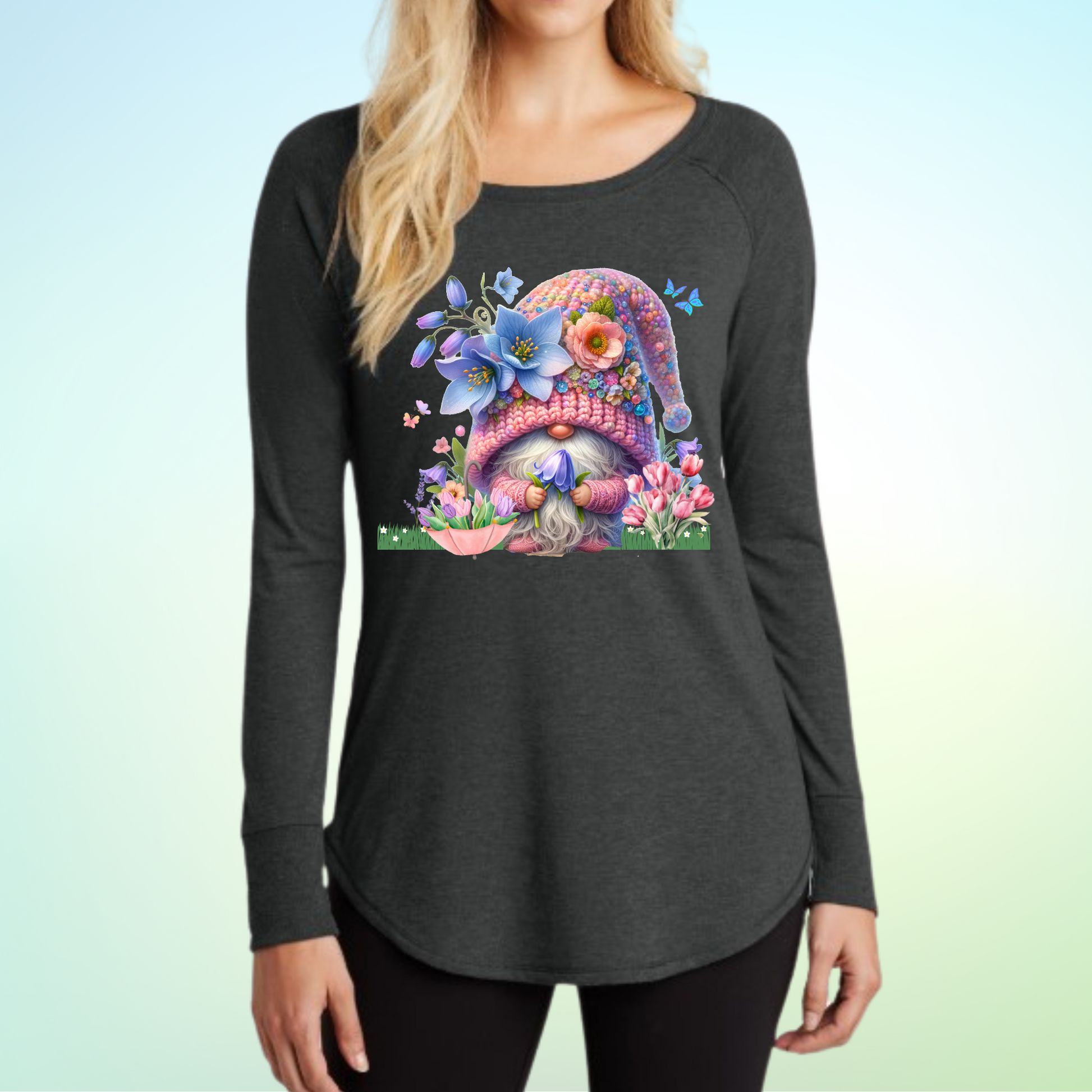 Spring Time Flower Gnome Long Sleeve Shirt with charming gnome design.