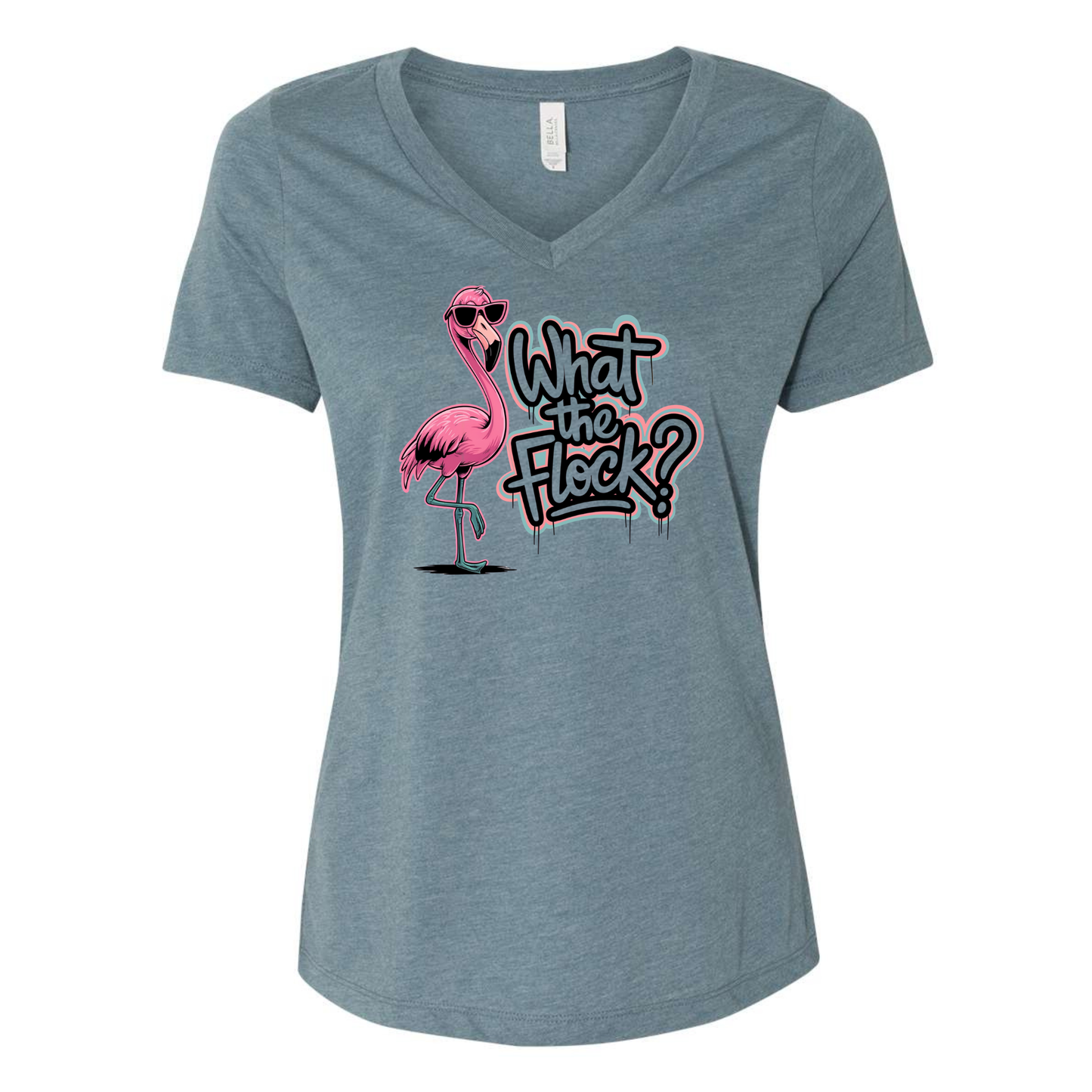 Women's V-neck tee with vibrant flamingo graphic and "What the Flock?" text, perfect for beach and tropical style