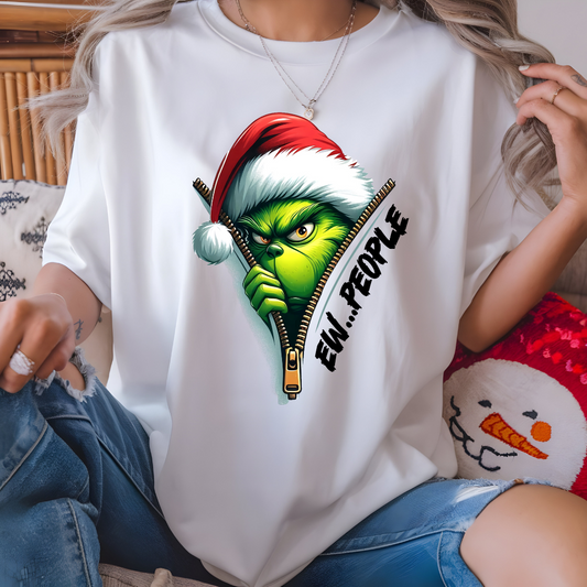 Grinch Ew People t-shirt with humorous Christmas design featuring the Grinch in a Santa hat, available in multiple sizes.