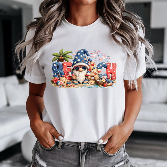 Patriotic Beach Gnome t-shirt with red white blue patchwork and summer beach design