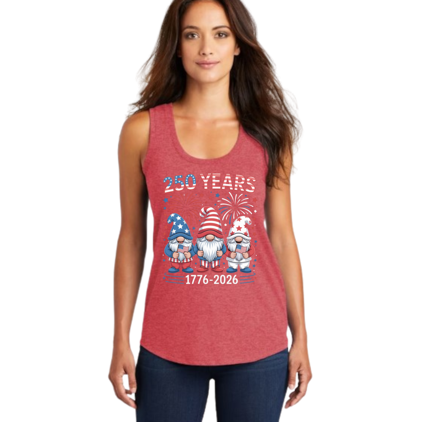 Women's racerback tank top featuring 250 Years Patriotic Gnome design with fireworks and American flag colors