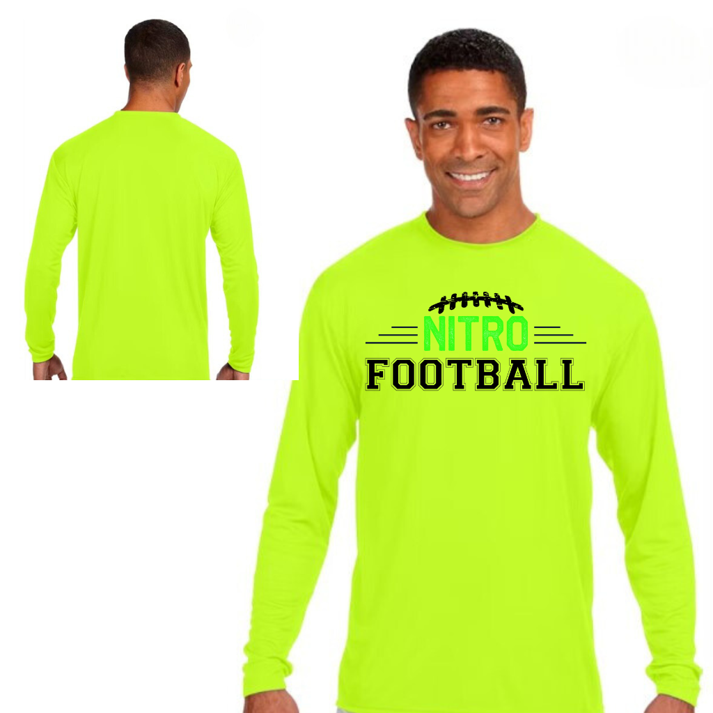Men's neon green Long Sleeve Nitro Football shirt made of moisture-wicking polyester with front logo design