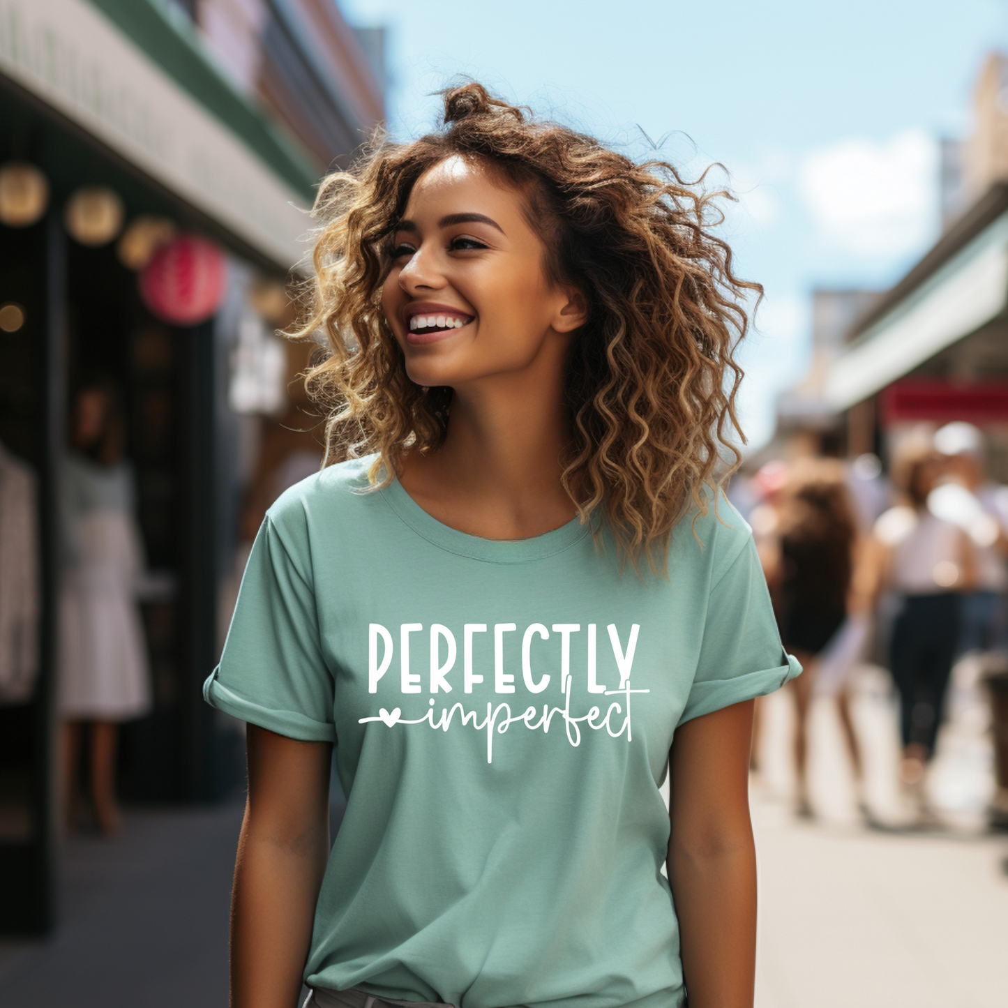 Perfectly Imperfect Tee worn by a smiling person outdoors.