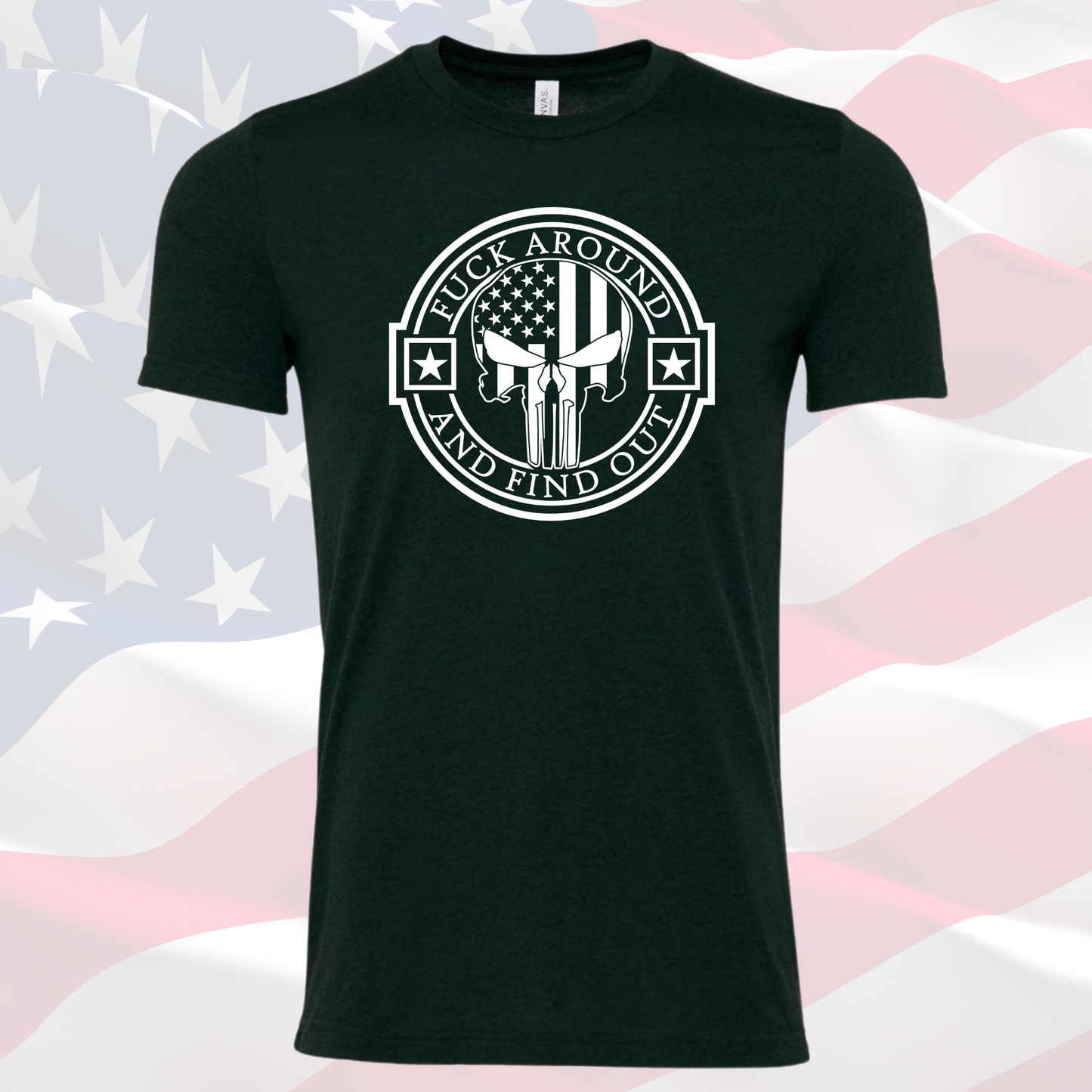 FAFO Punisher Tee showcasing American pride with bold design on black crew neck shirt.