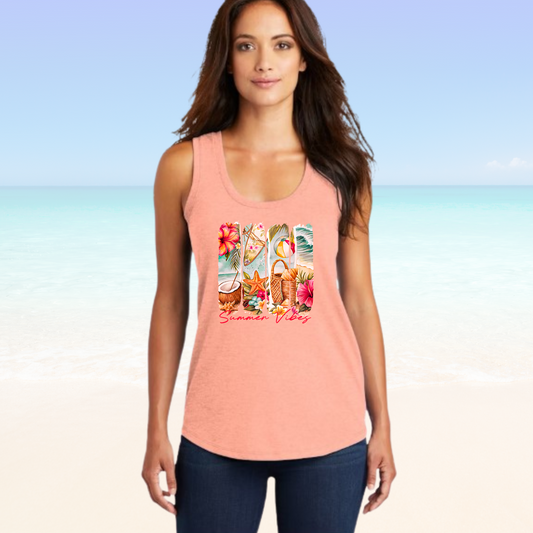 Women's Summer Vibes tank top at the beach, lightweight and stylish.