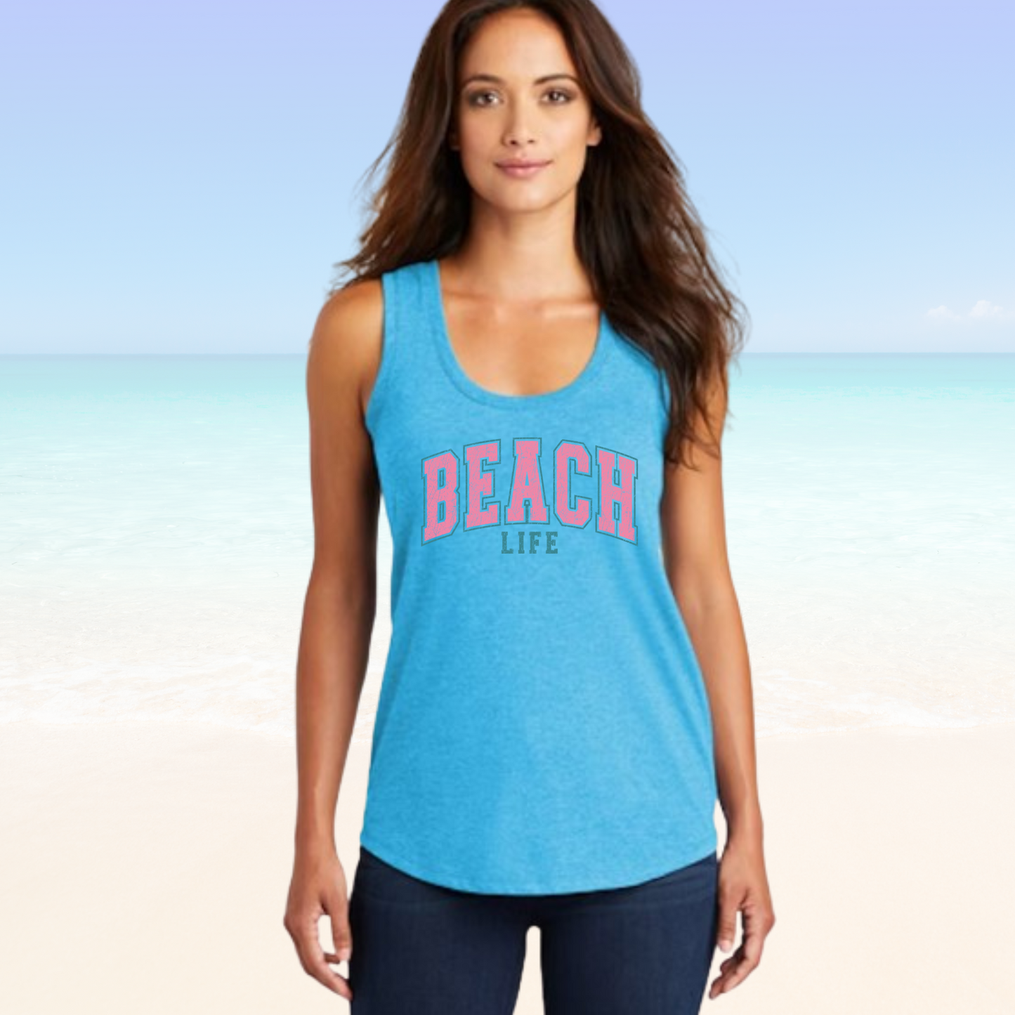 Beach Life Woman's Tank Top in blue with racerback design, perfect for a stylish beach experience.
