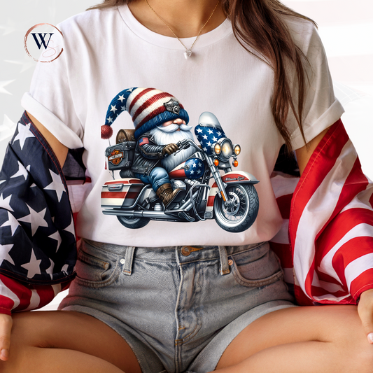 Gnome Riding a Harley Shirt featuring a patriotic theme with a gnome on a motorcycle.