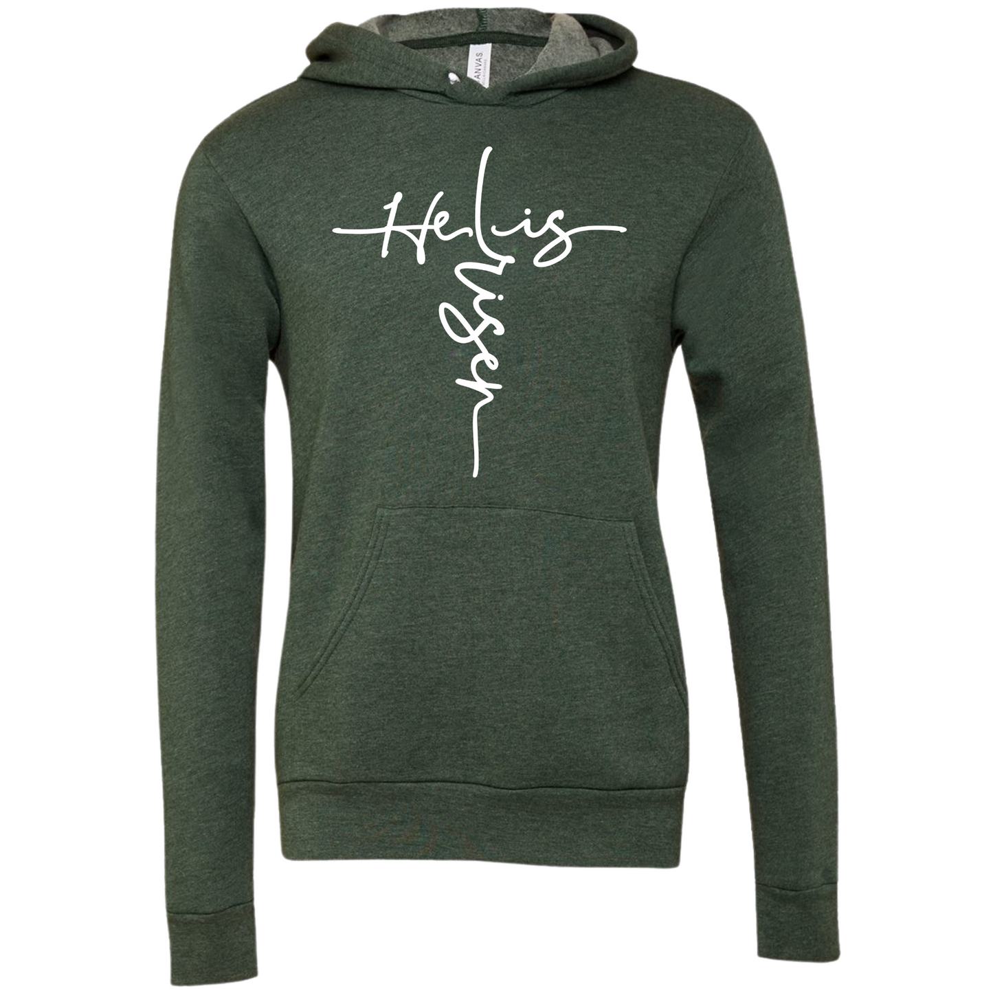 Risen Hoodie with "He Is Risen" graphic in green, perfect for Easter celebrations.