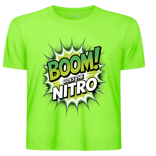 Neon green kids performance tee with "Boom! Goes The Nitro" graphic, moisture-wicking and UPF 50 sun protection.