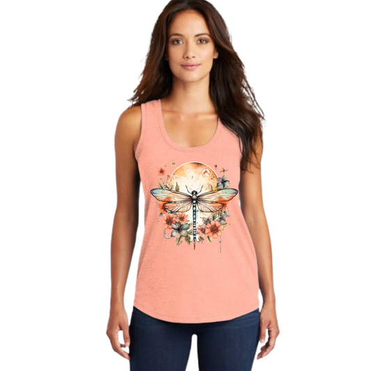 Floral Dragonfly Racerback Tank with dragonfly and floral design in warm sunset colors on lightweight fabric