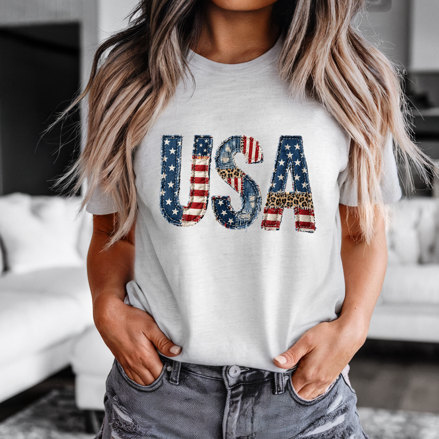 Patriotic Patchwork USA Tee with faux stitched denim, American flag, and leopard print accents on a soft unisex t-shirt