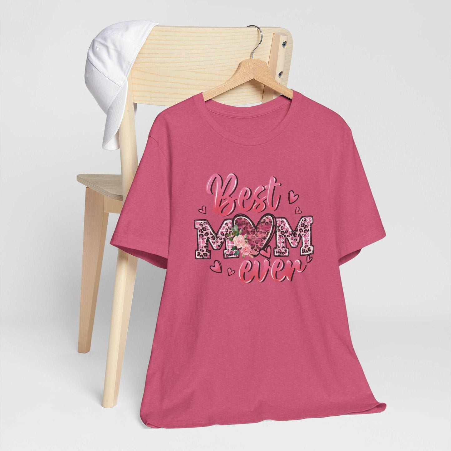 Pink leopard heart Best Mom Ever t-shirt with soft breathable cotton and crew neckline