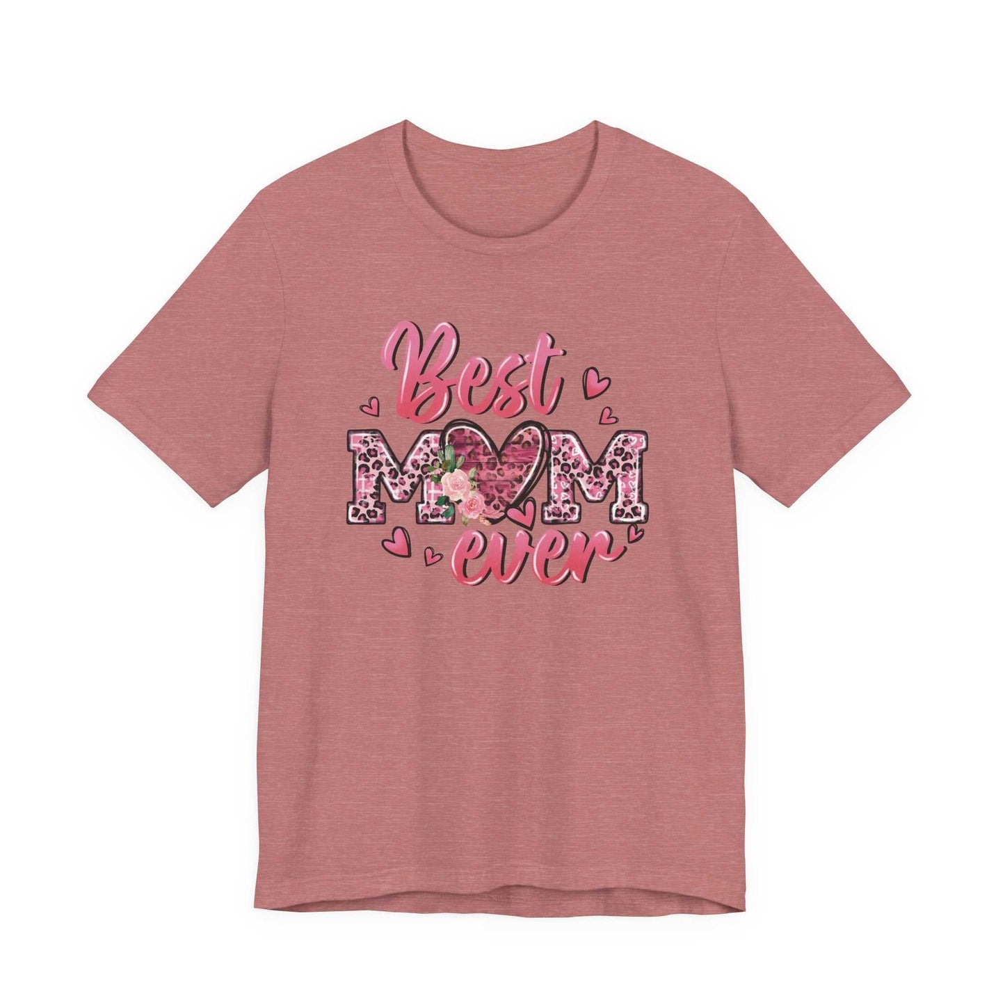 Pink leopard heart Best Mom Ever T-shirt with soft breathable cotton fabric and playful design