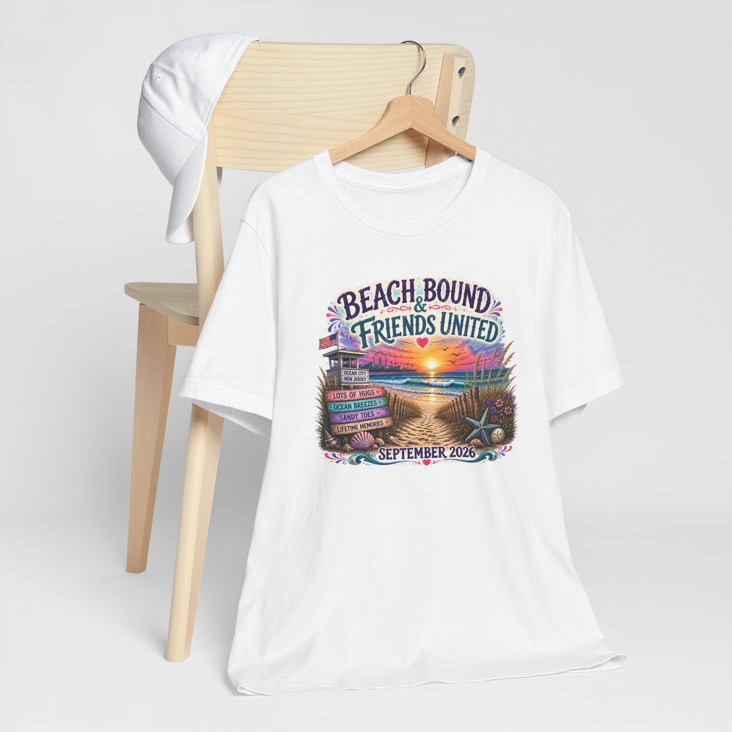 Beach Bound & Friends United Ocean City 2026 friendship tee with seaside sunset and beach path design