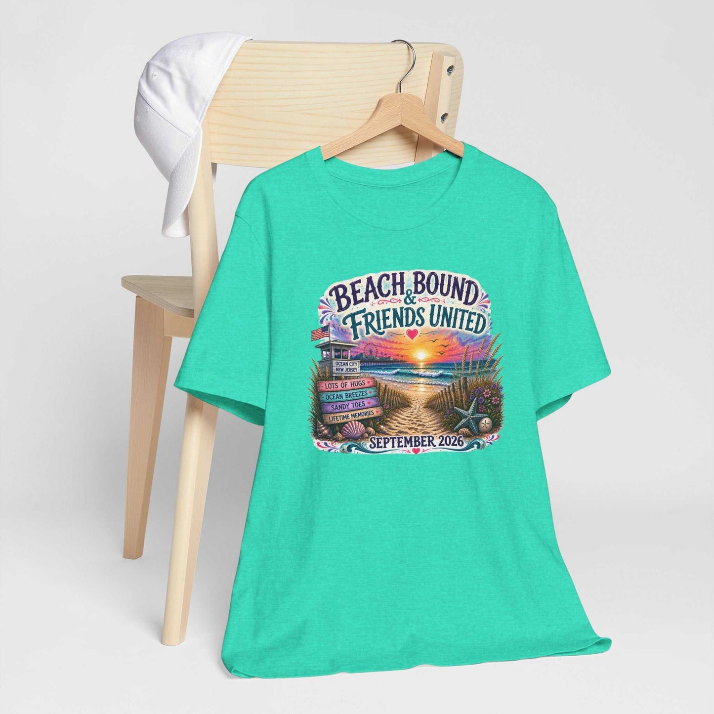 Beach Bound & Friends United Ocean City 2026 tee with seaside sunset and beach path design