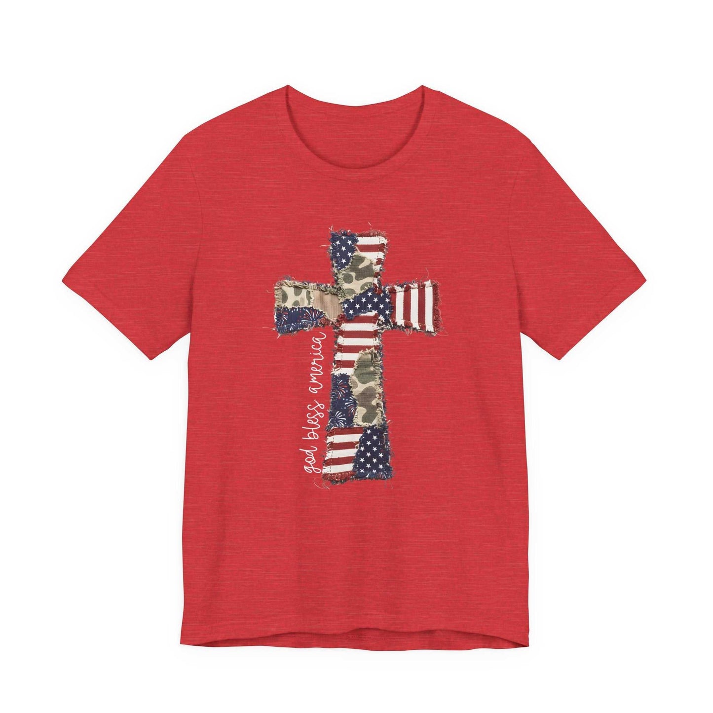 God Bless America shirt with patriotic cross and distressed American flag design