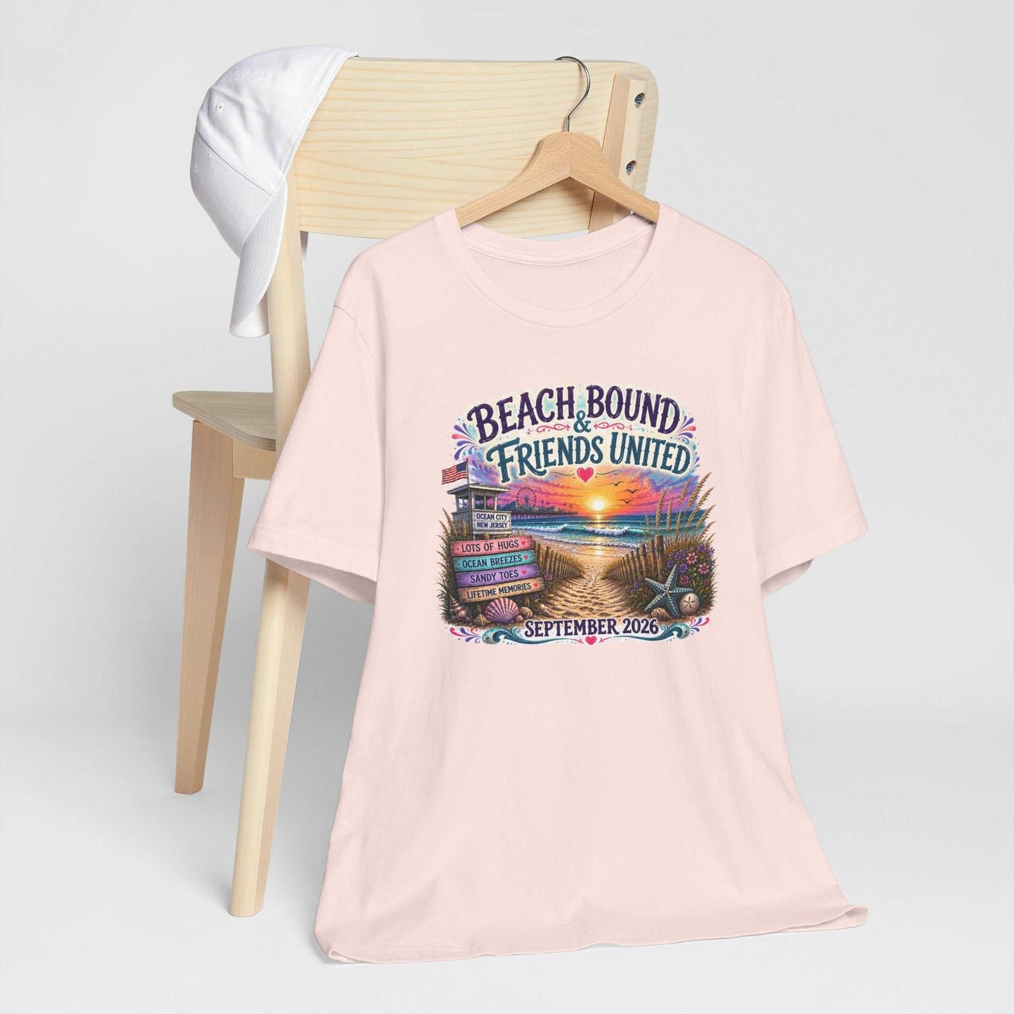 Beach Bound & Friends United Ocean City 2026 friendship tee with seaside sunset and beach path design
