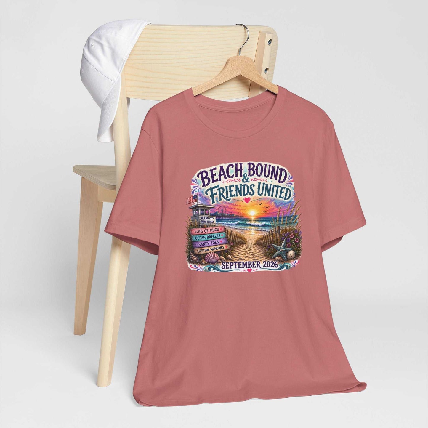 Beach Bound & Friends United Ocean City 2026 friendship tee with seaside sunset and beach path design