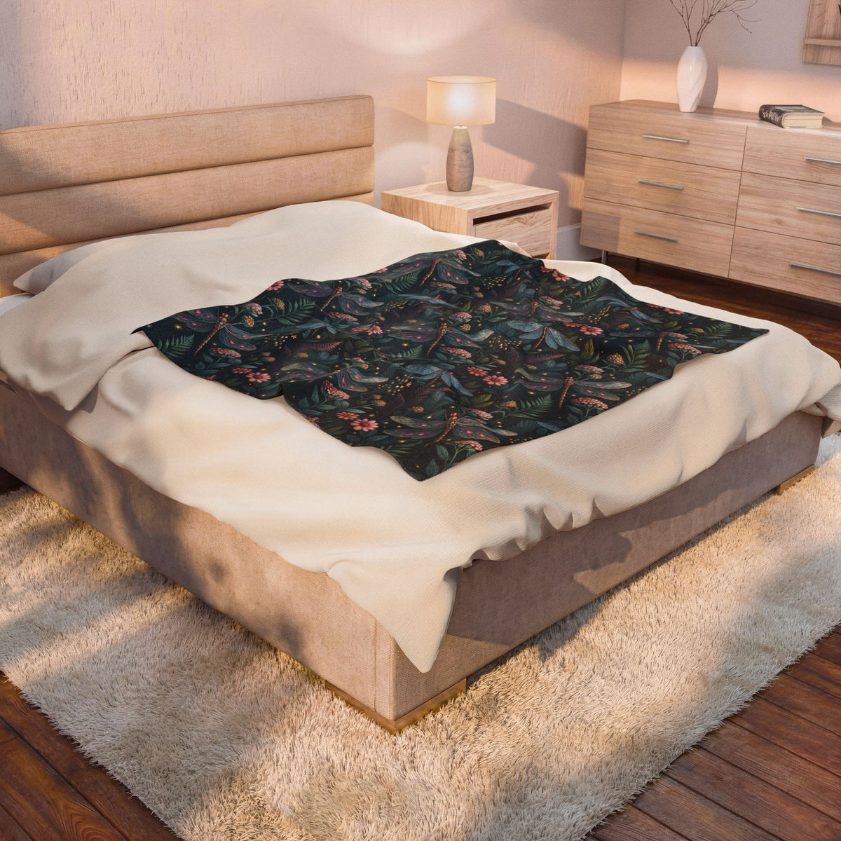 Velveteen Plush Blanket — Dark Botanical Dragonfly Throw