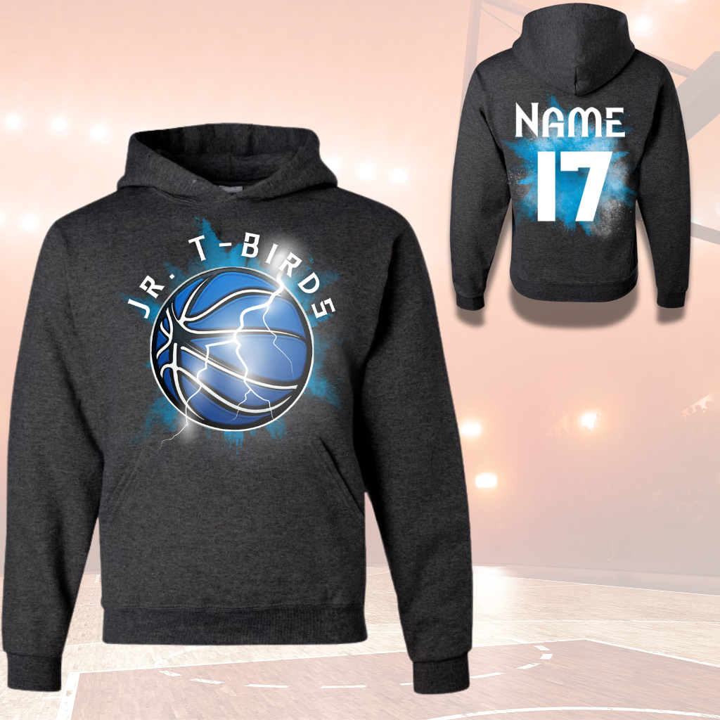 Jr TBirds Youth Splash Hoodie with personalization options and basketball graphic.