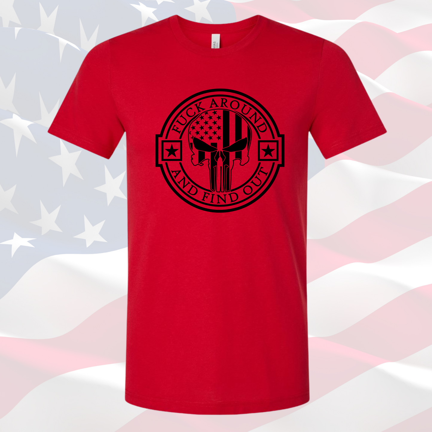 FAFO Punisher Tee with bold design on a red background, showcasing American pride.