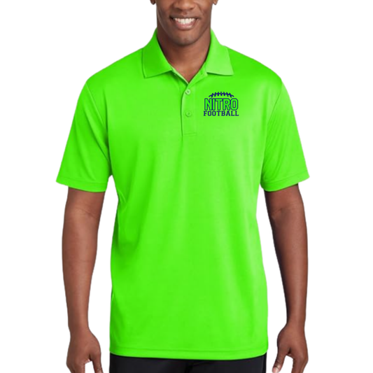 Men's Nitro Neon Green breathable polo shirt with Nitro Football logo and racer mesh design for ventilation.
