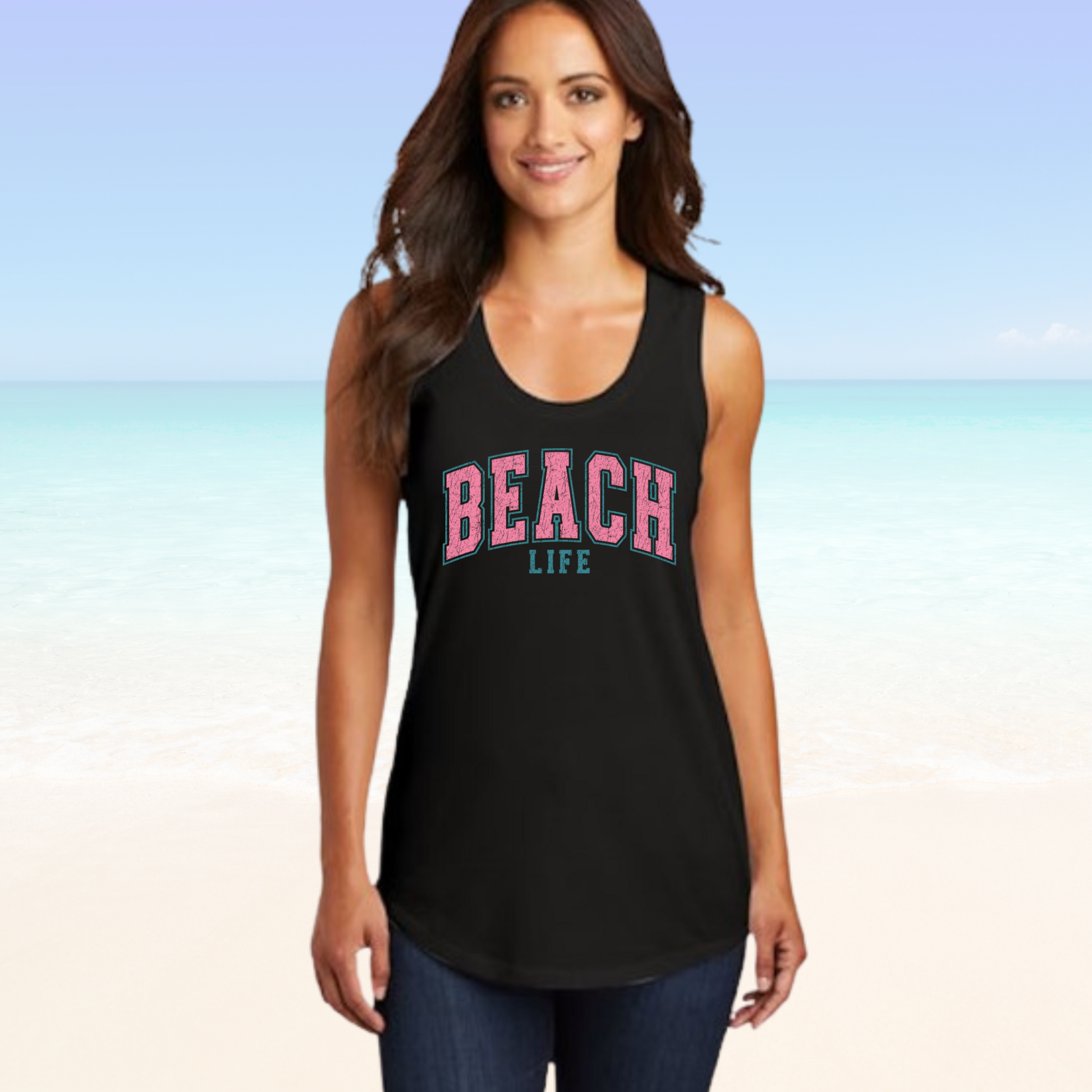 Beach Life Woman's Tank Top with racer back design.