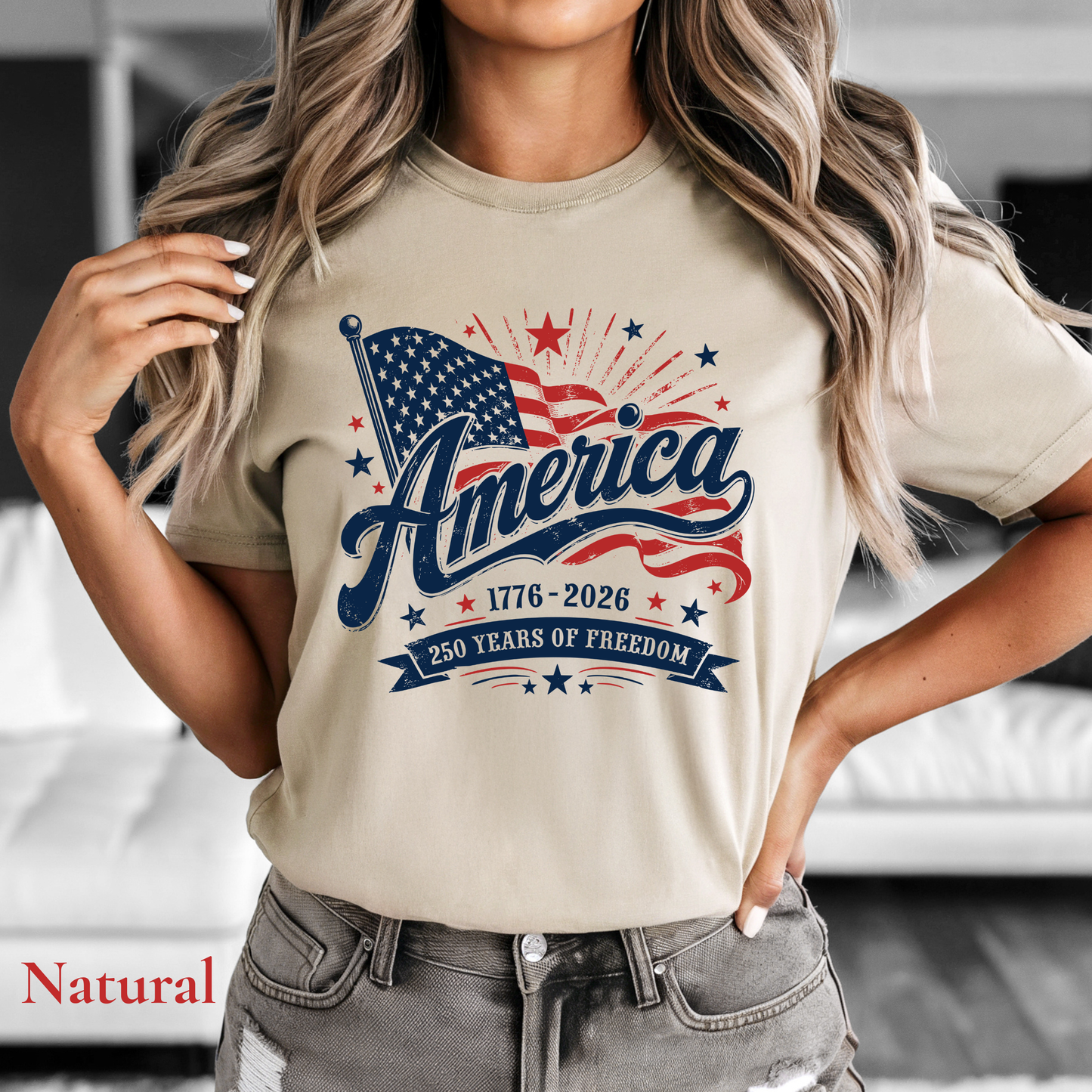 America 250 Years of Freedom patriotic tee with vintage American flag and dates 1776–2026 celebrating 250 years of freedom in red, white, and blue