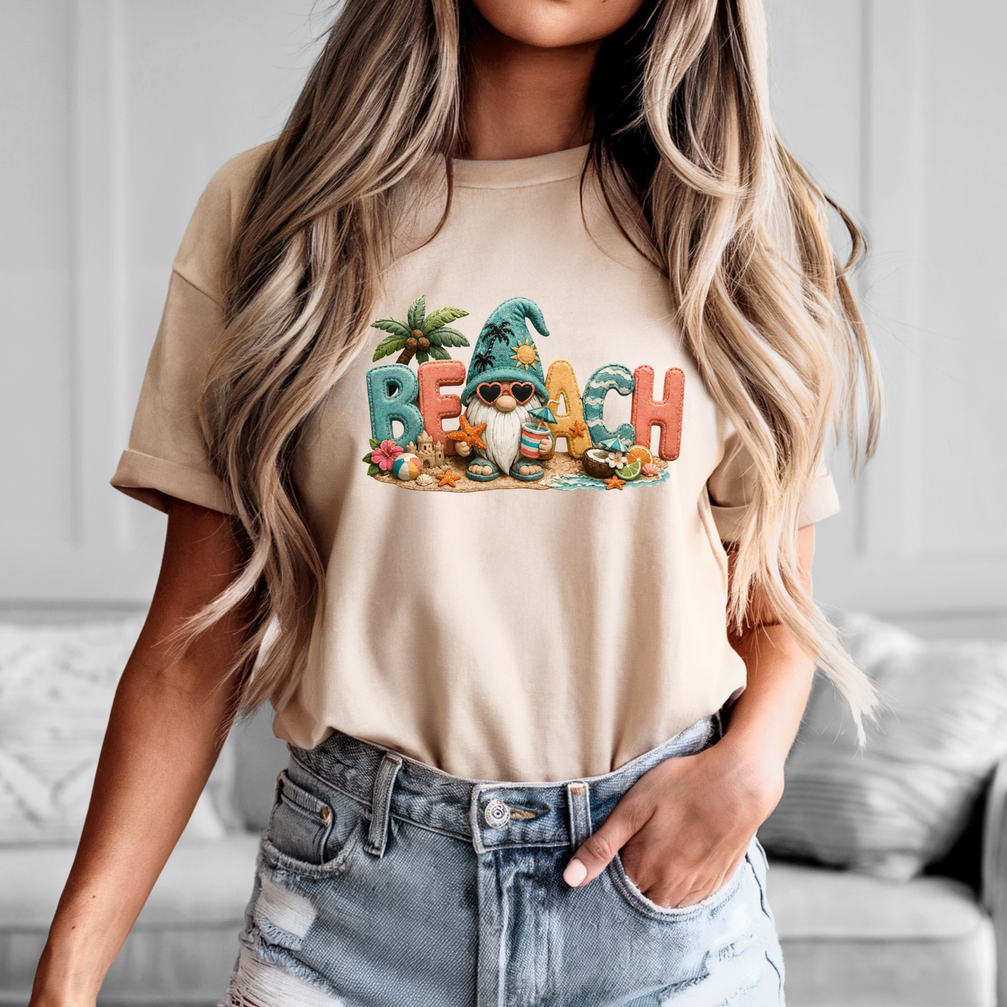 Beach Gnome Patchwork Tee with 3D applique coastal summer design