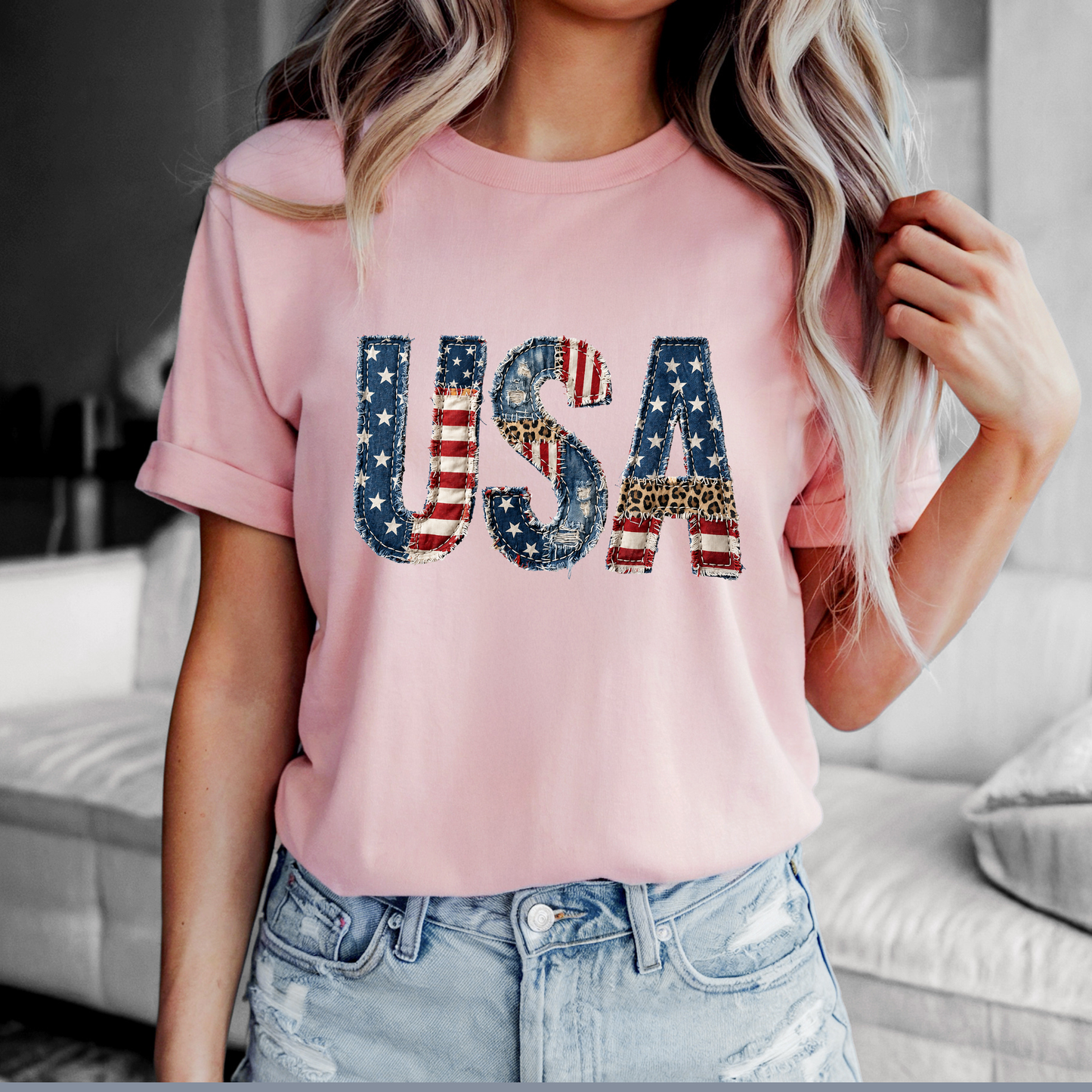 Patriotic Patchwork USA Tee with denim, American flag, and leopard print accents in 3D patchwork style