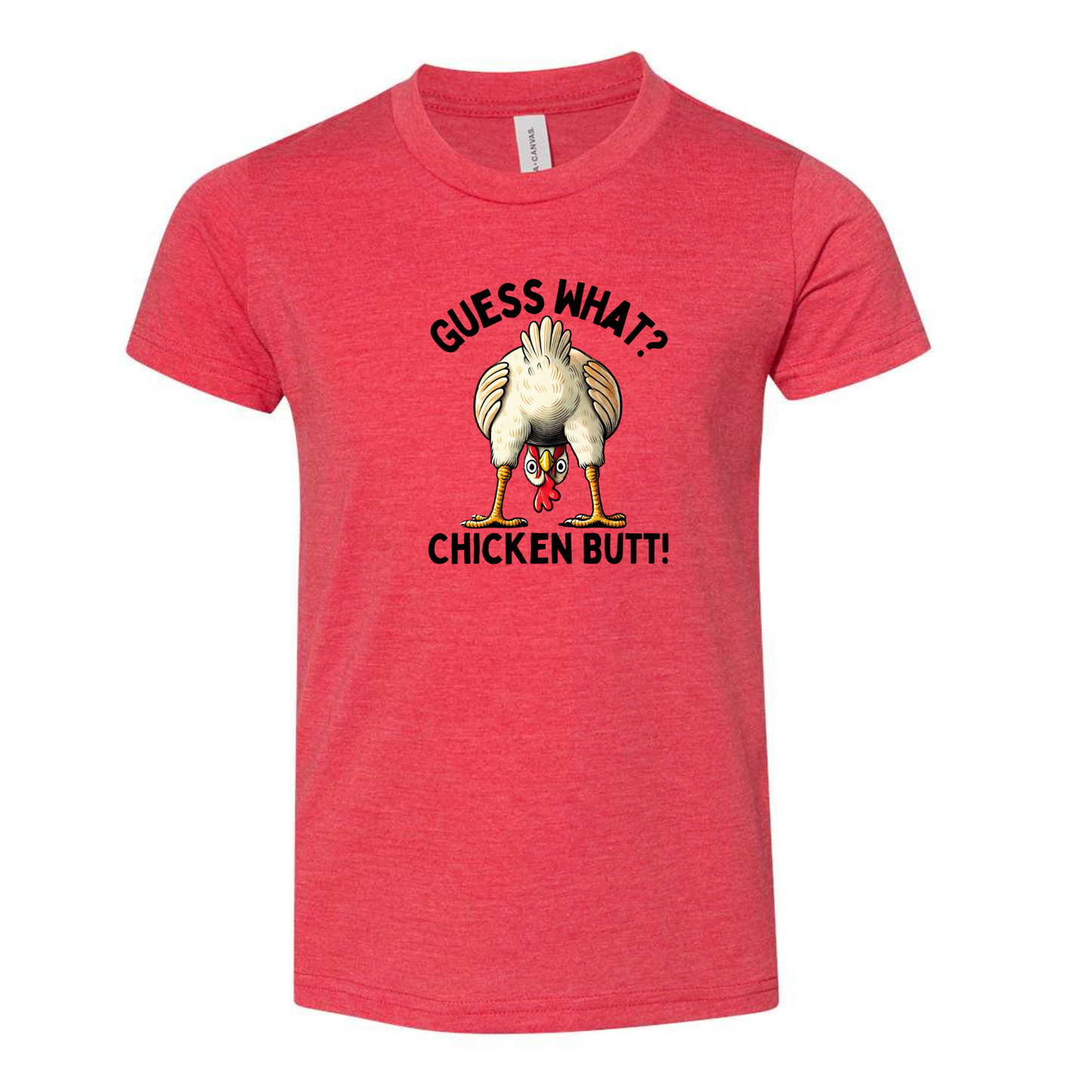 Red t-shirt with a graphic of a chicken 
