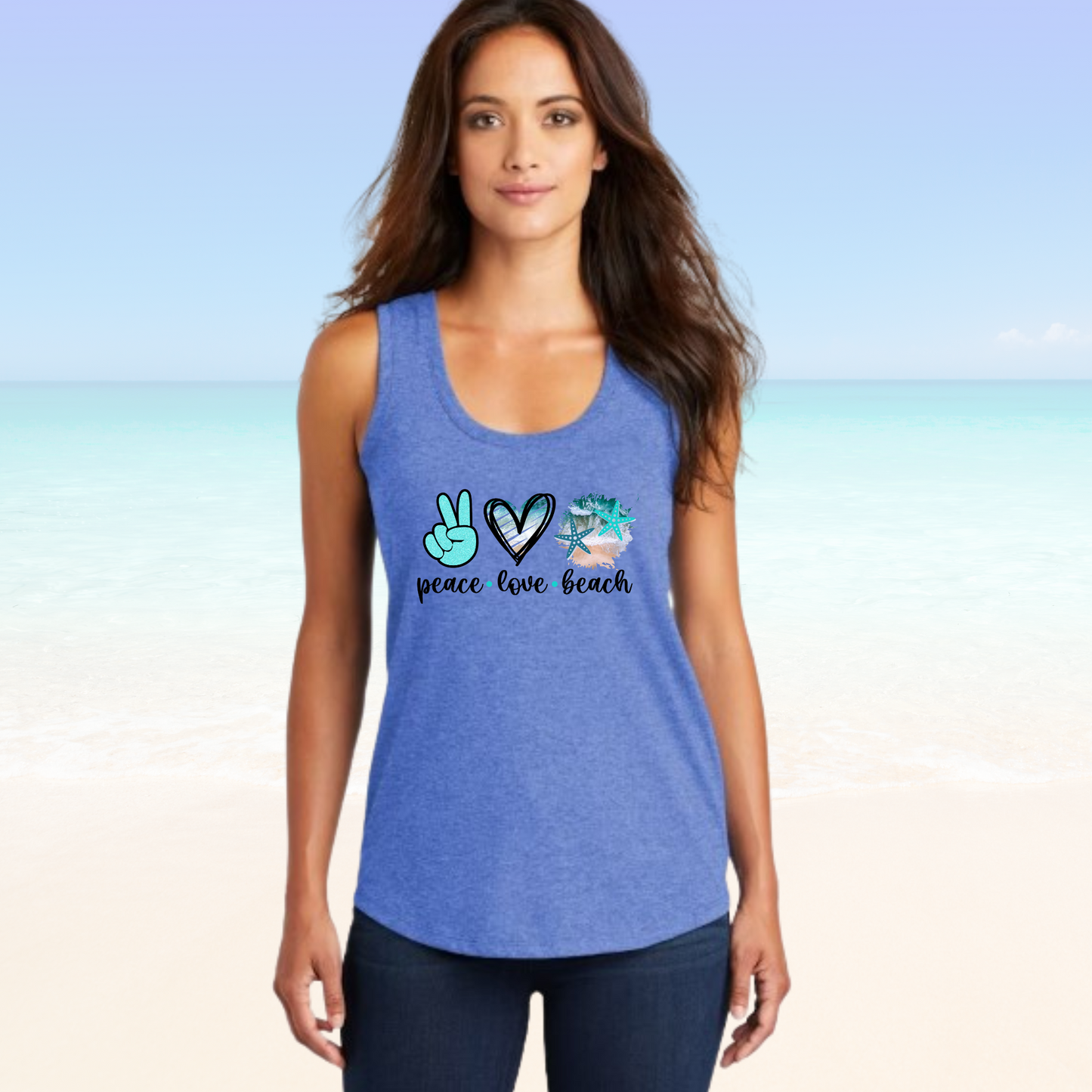 Peace Love Beach Tank Top featuring peace and heart symbols for beach vibes.