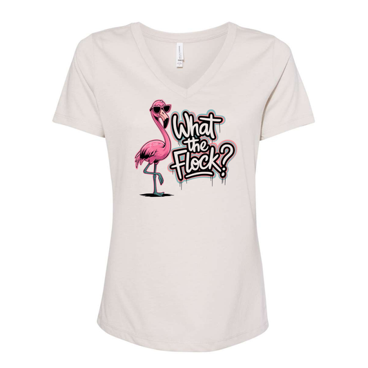 What the Flock? Flamingo Women's V-Neck Tee with vibrant flamingo graphic and tropical beach style