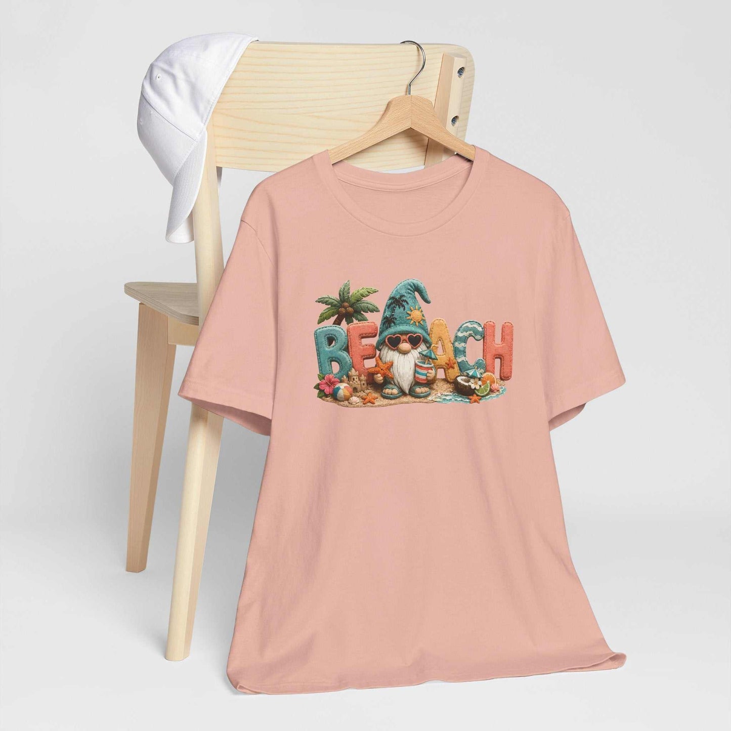 Beach Gnome Patchwork Tee with 3D applique coastal summer gnome design and bright tropical colors