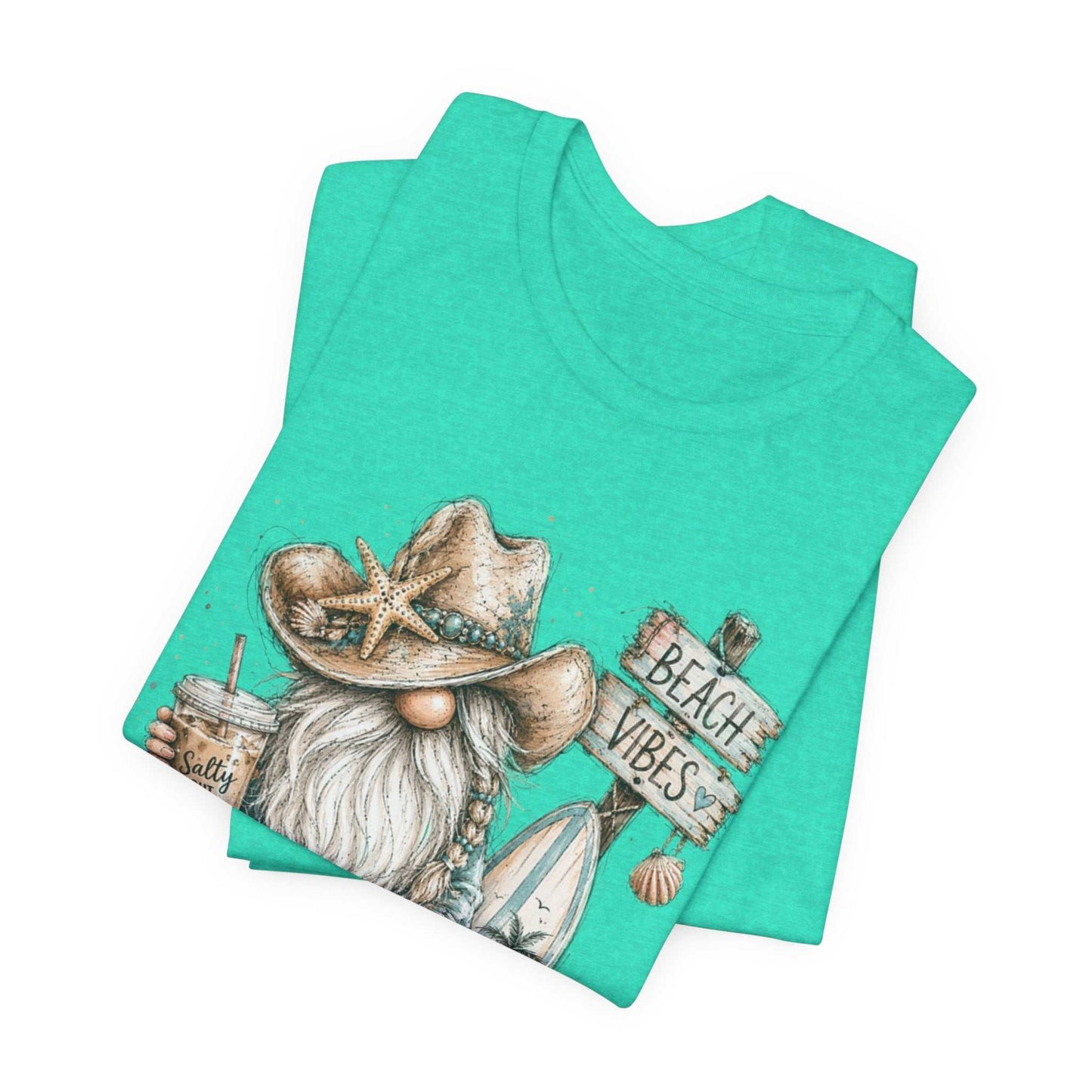 Coastal Cowgirl Beach Gnome with turquoise cowboy boots and seashells in watercolor style summer tee
