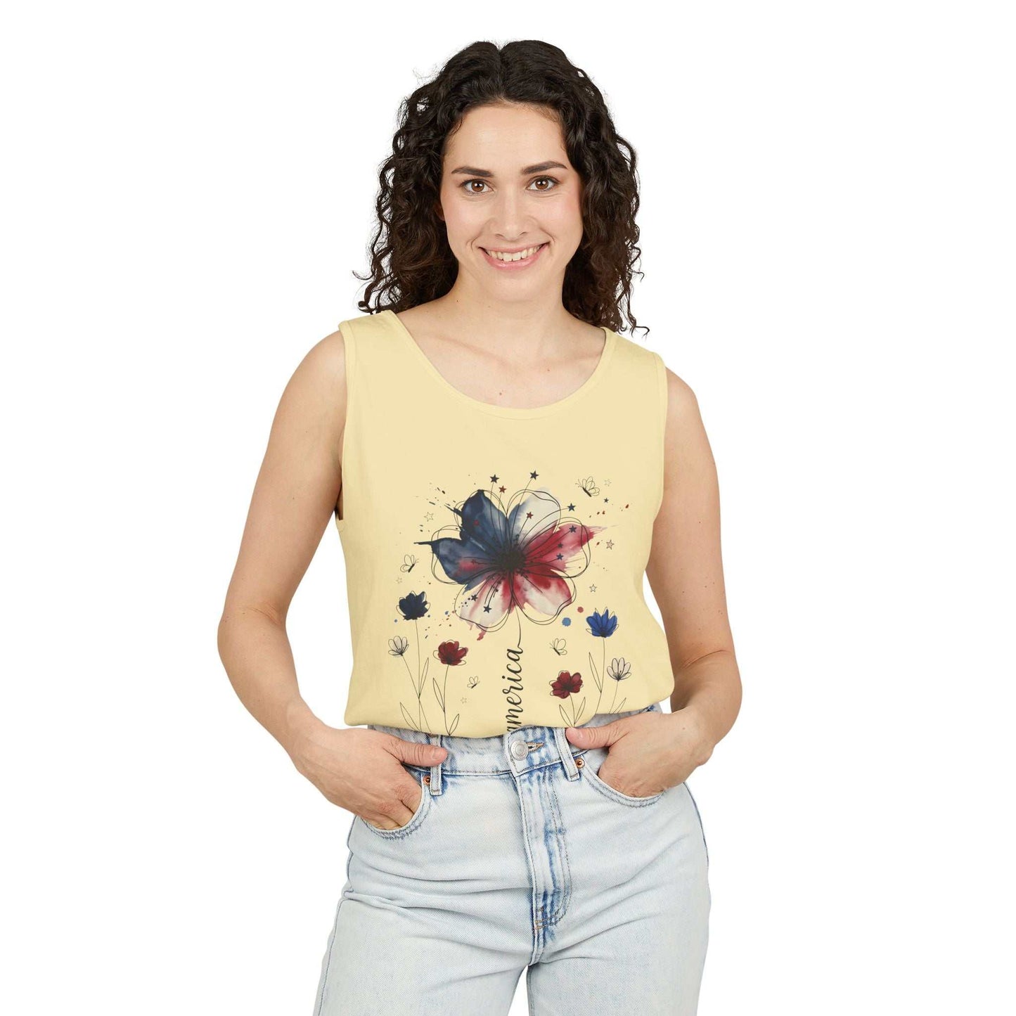 Patriotic Watercolor Flower tank top with indigo and rust floral design on soft cotton fabric