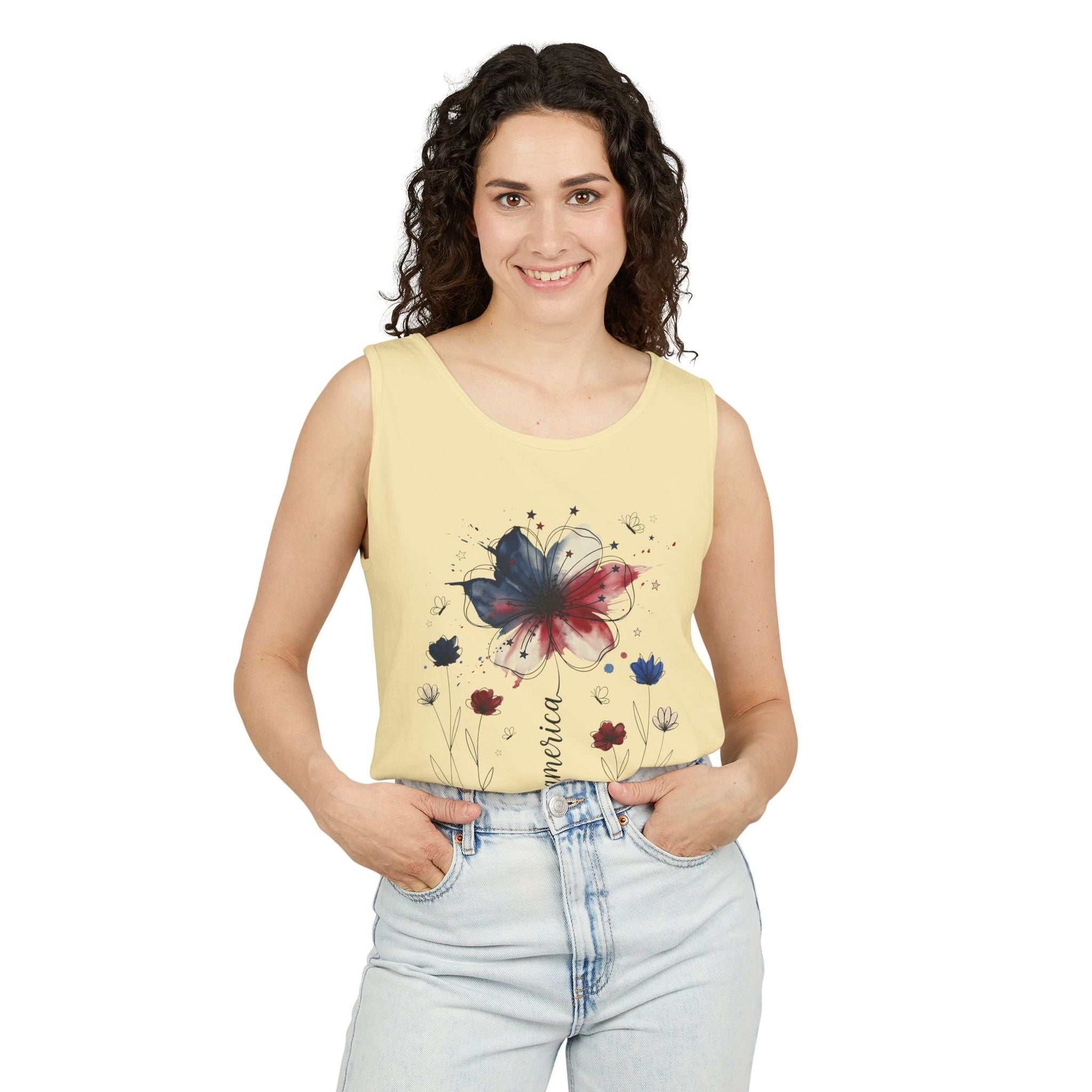 Patriotic Watercolor Flower tank top with indigo and rust floral design on soft cotton fabric