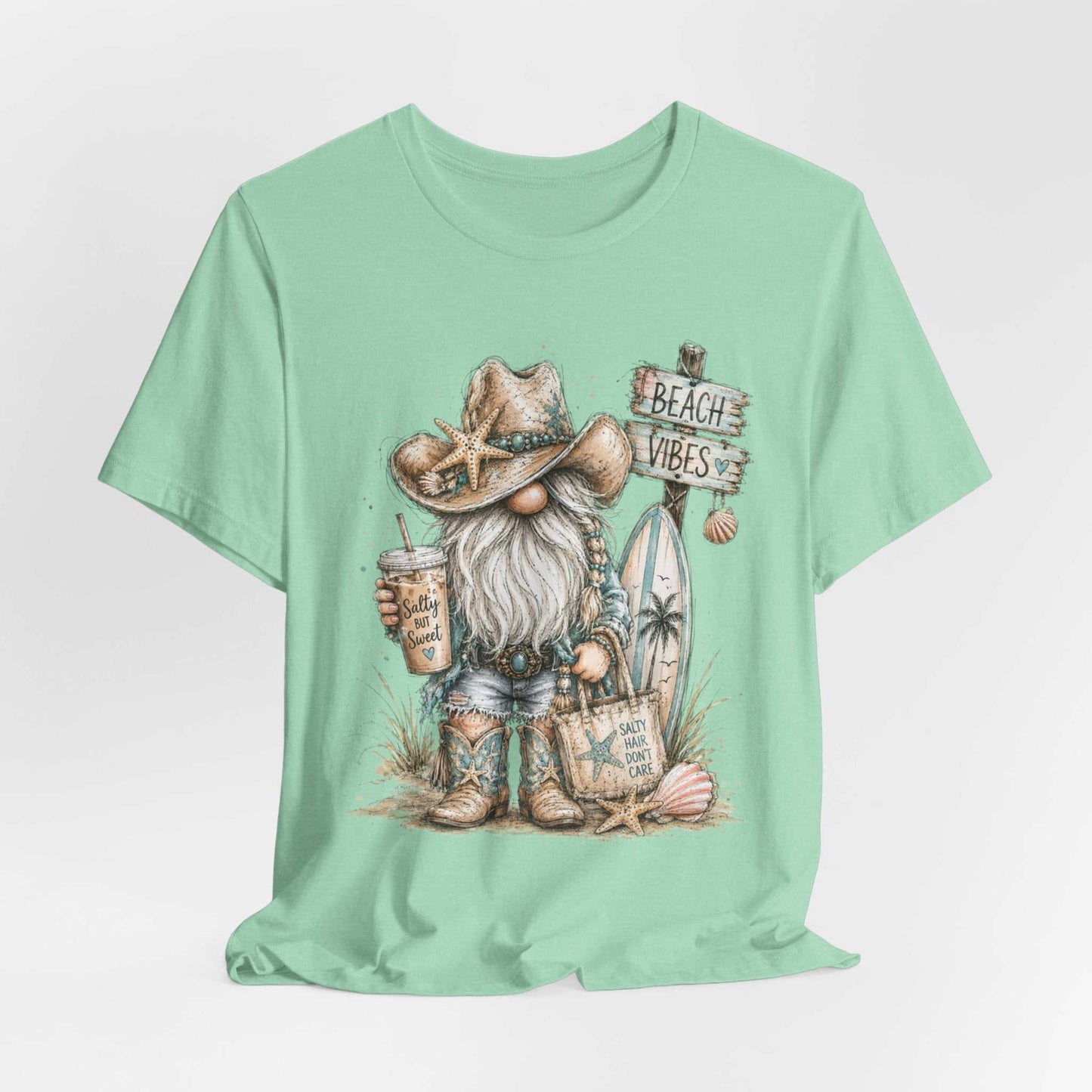 Coastal Cowgirl Beach Gnome shirt with turquoise cowboy boots and seashells in watercolor style