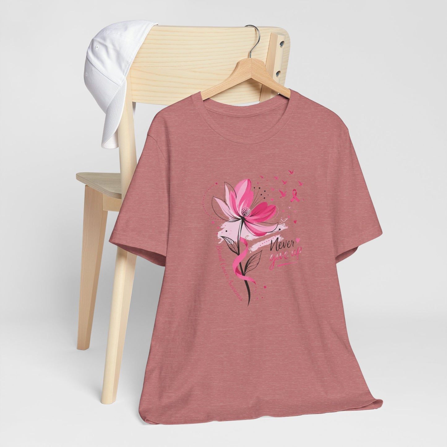 Never Give Up Floral Breast Cancer Awareness Tee