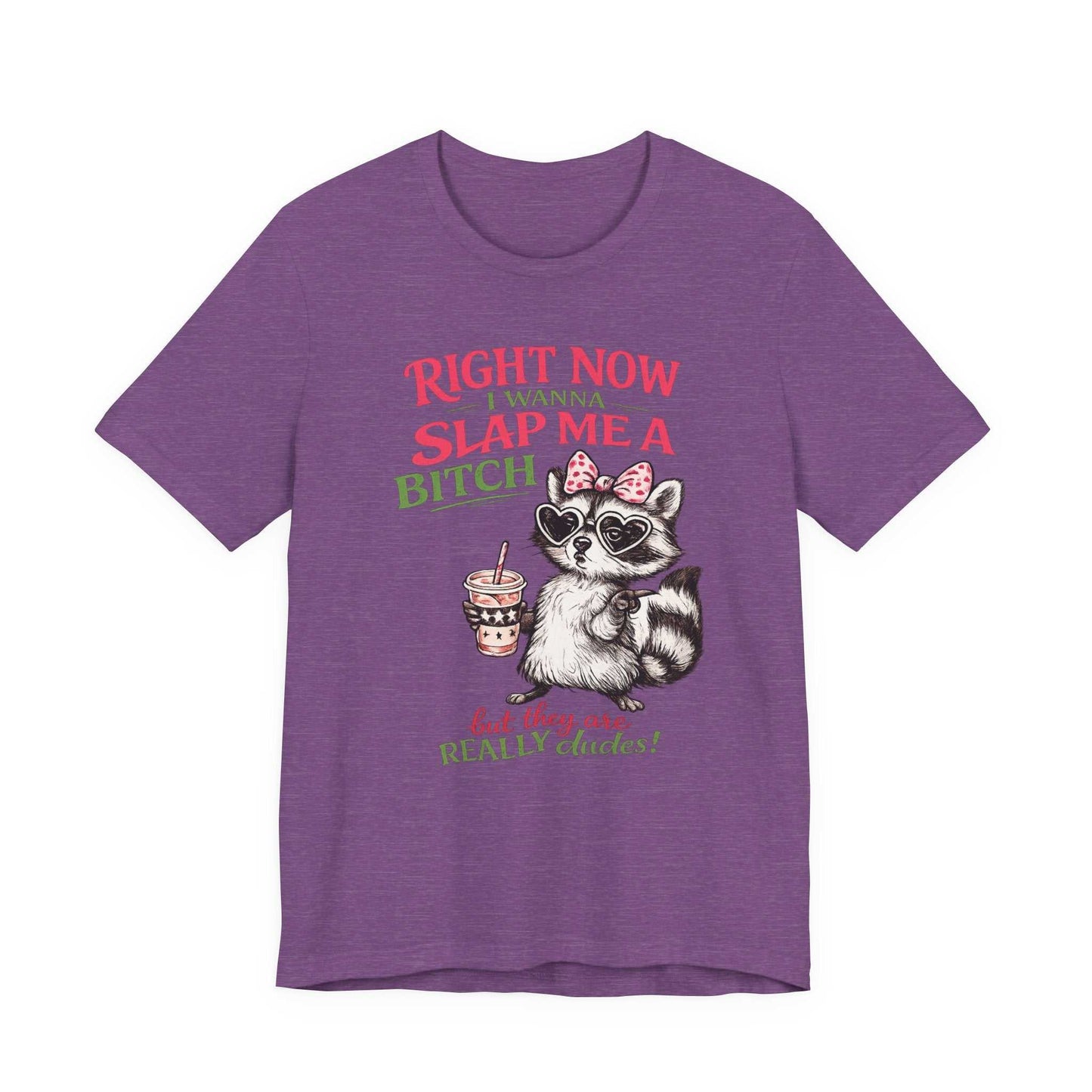 Funny raccoon graphic tee with "Right Now I Wanna Slap Me a BITCH" sarcastic text in pink and green lettering