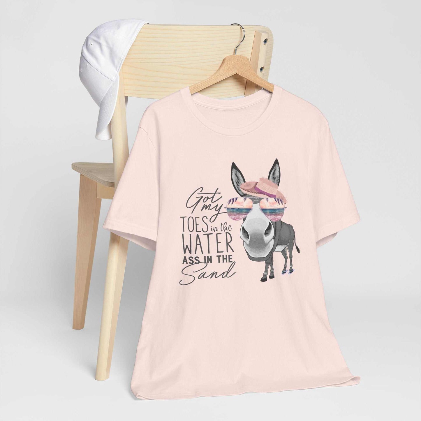 Got My Toes in the Water beach donkey tee with sunglasses and sun hat on soft Bella Canvas shirt