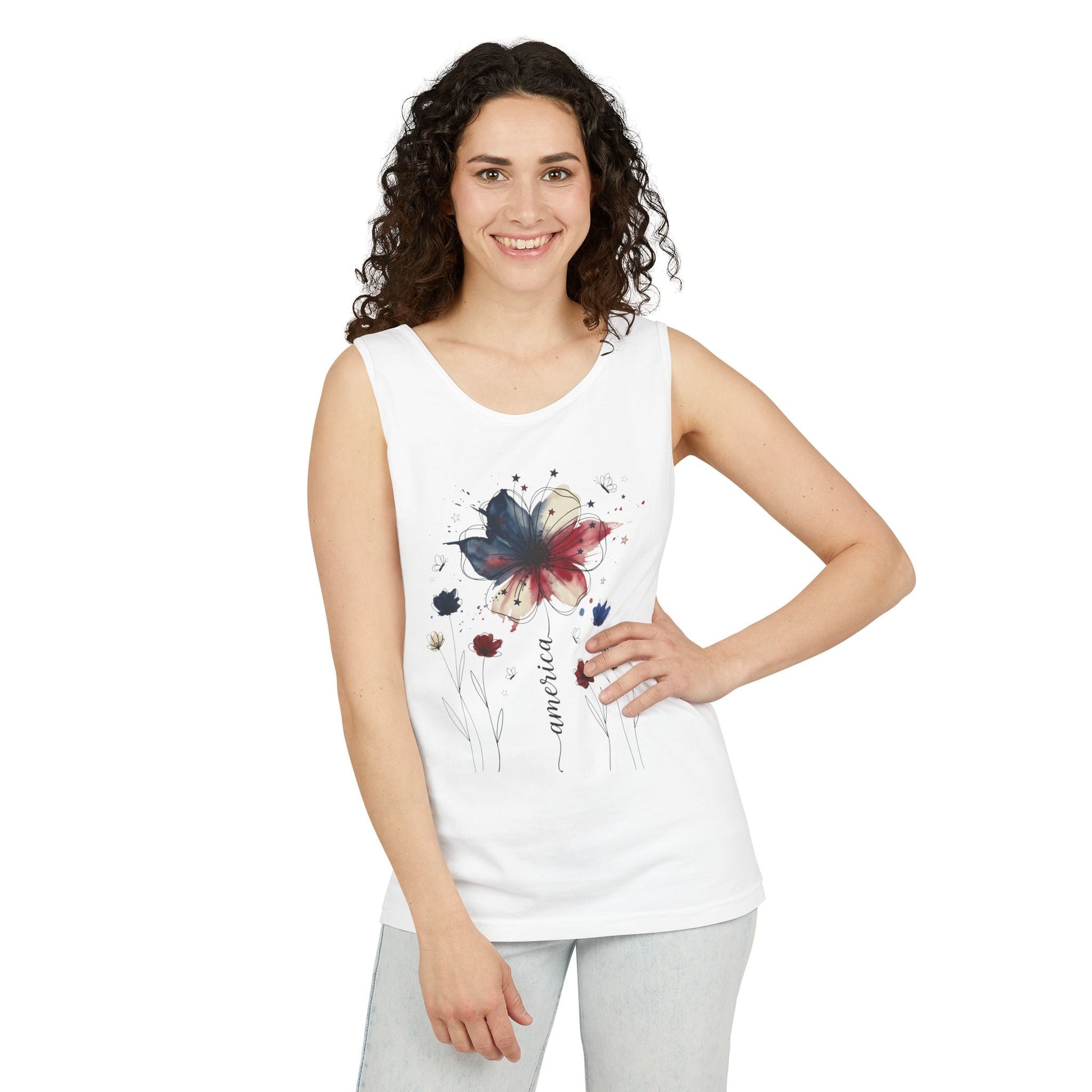 Patriotic watercolor flower tank top with indigo and rust floral graphic on soft cotton