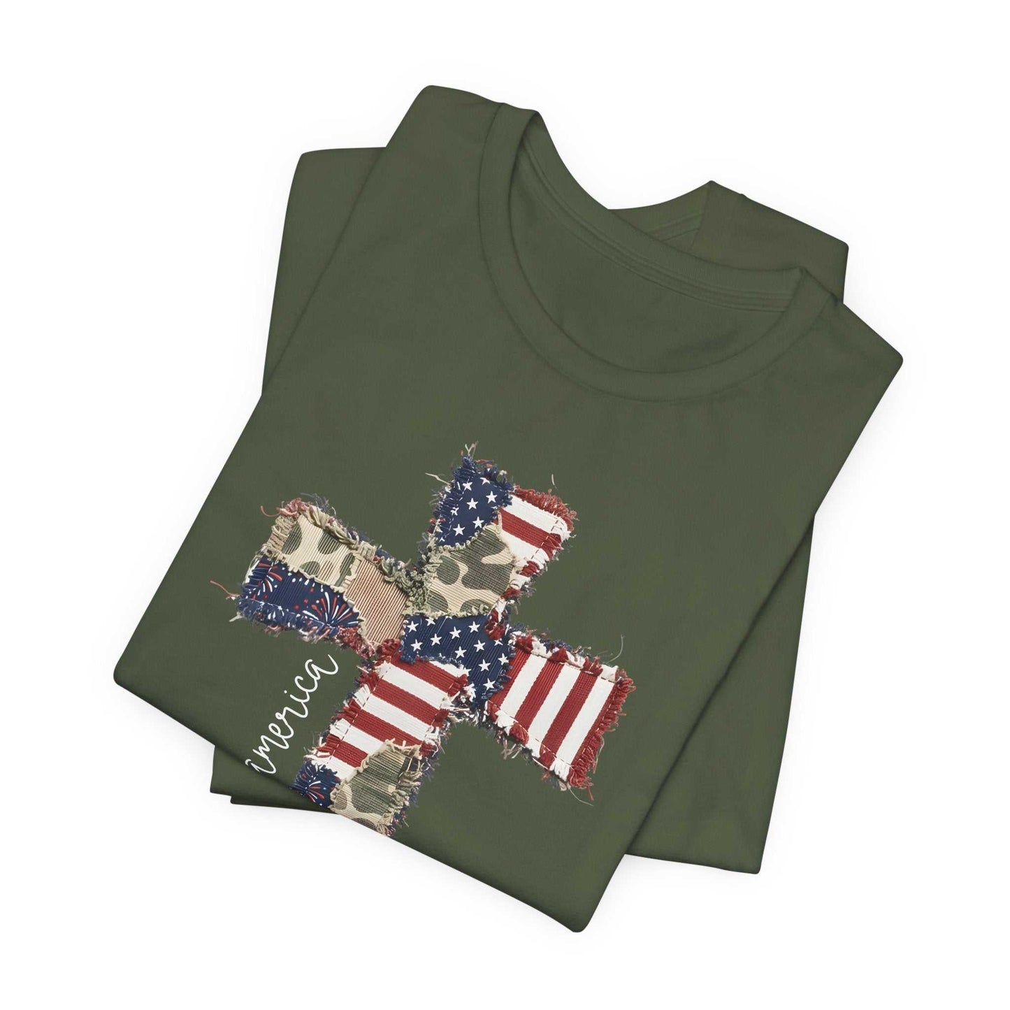 God Bless America shirt with patriotic cross and distressed American flag design in vintage western style