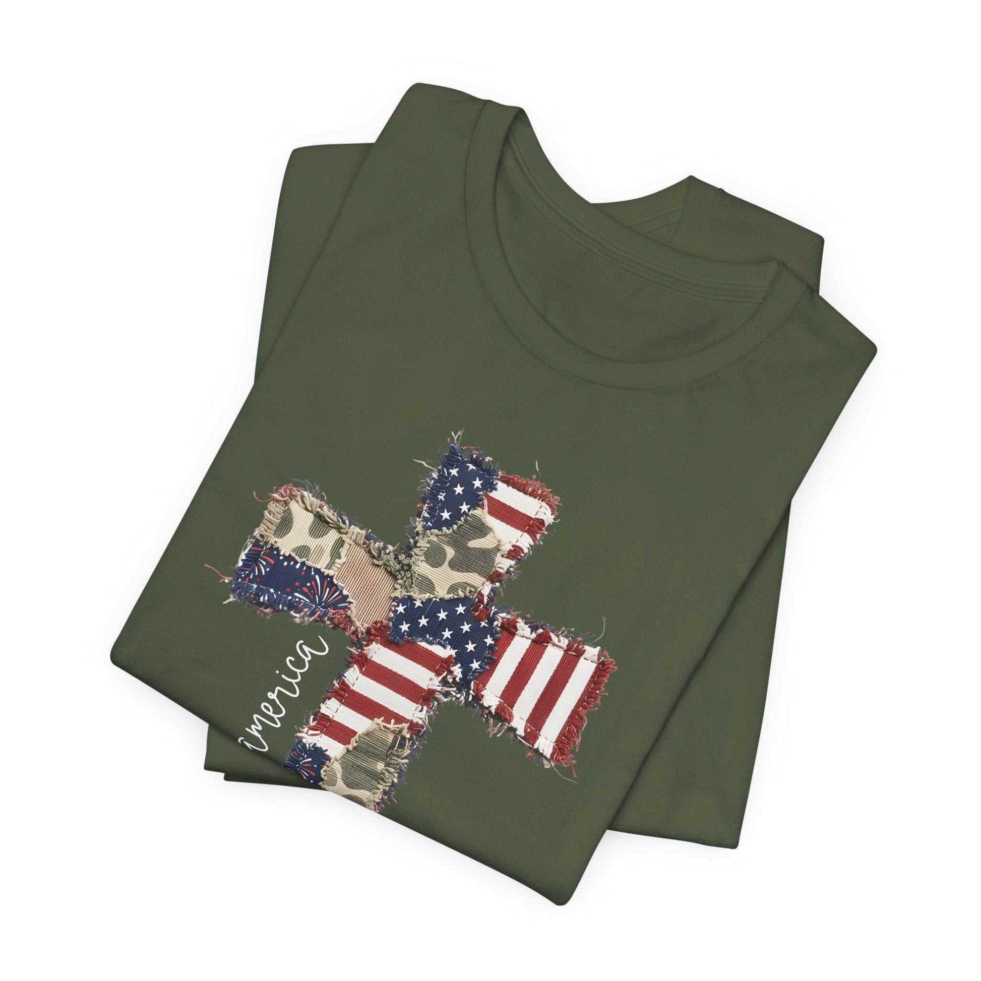 God Bless America shirt with patriotic cross and distressed American flag design in vintage western style