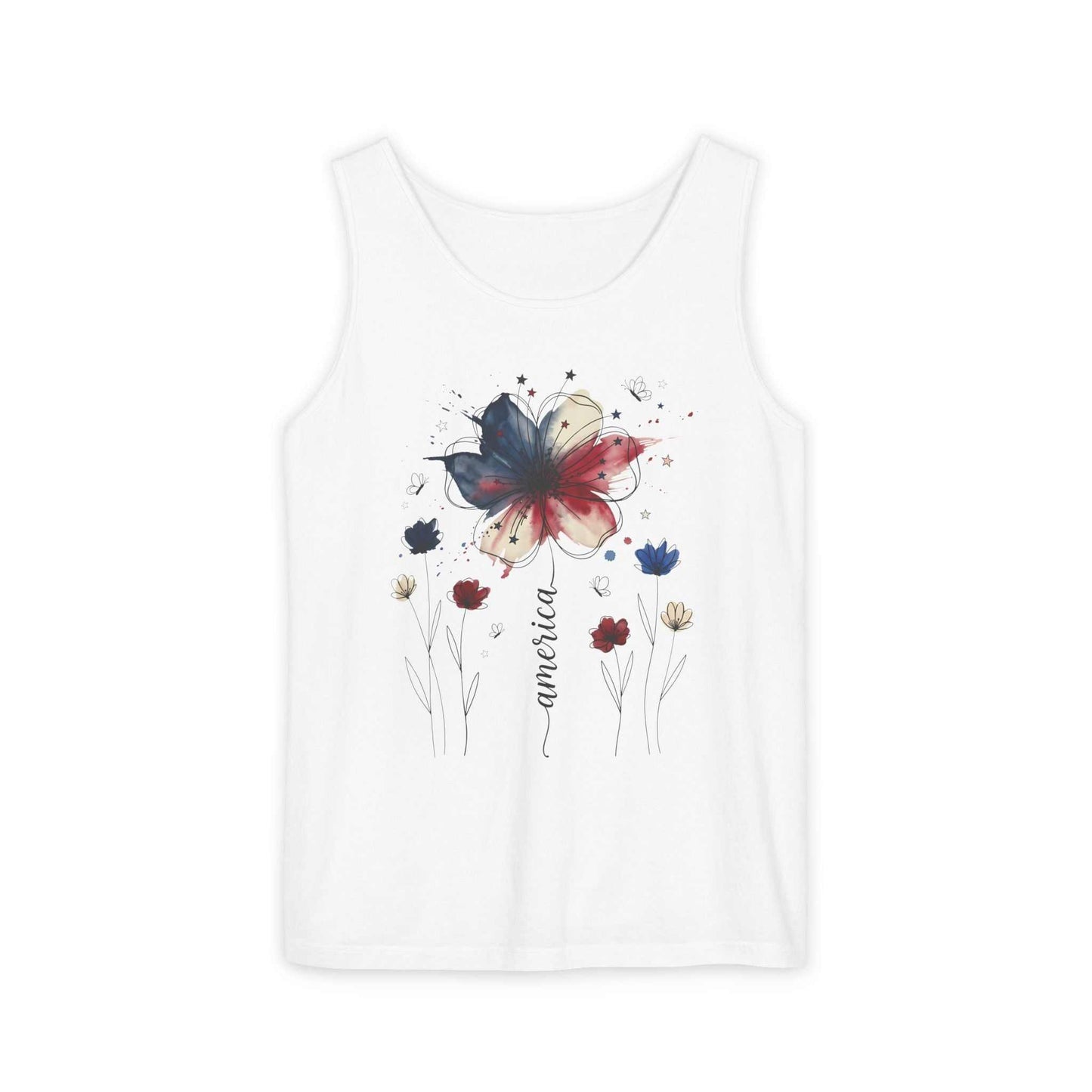 Patriotic Watercolor Flower tank top with indigo and rust floral design on soft cotton
