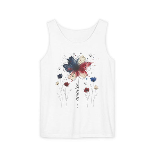 Patriotic Watercolor Flower tank top with indigo and rust floral design on soft cotton