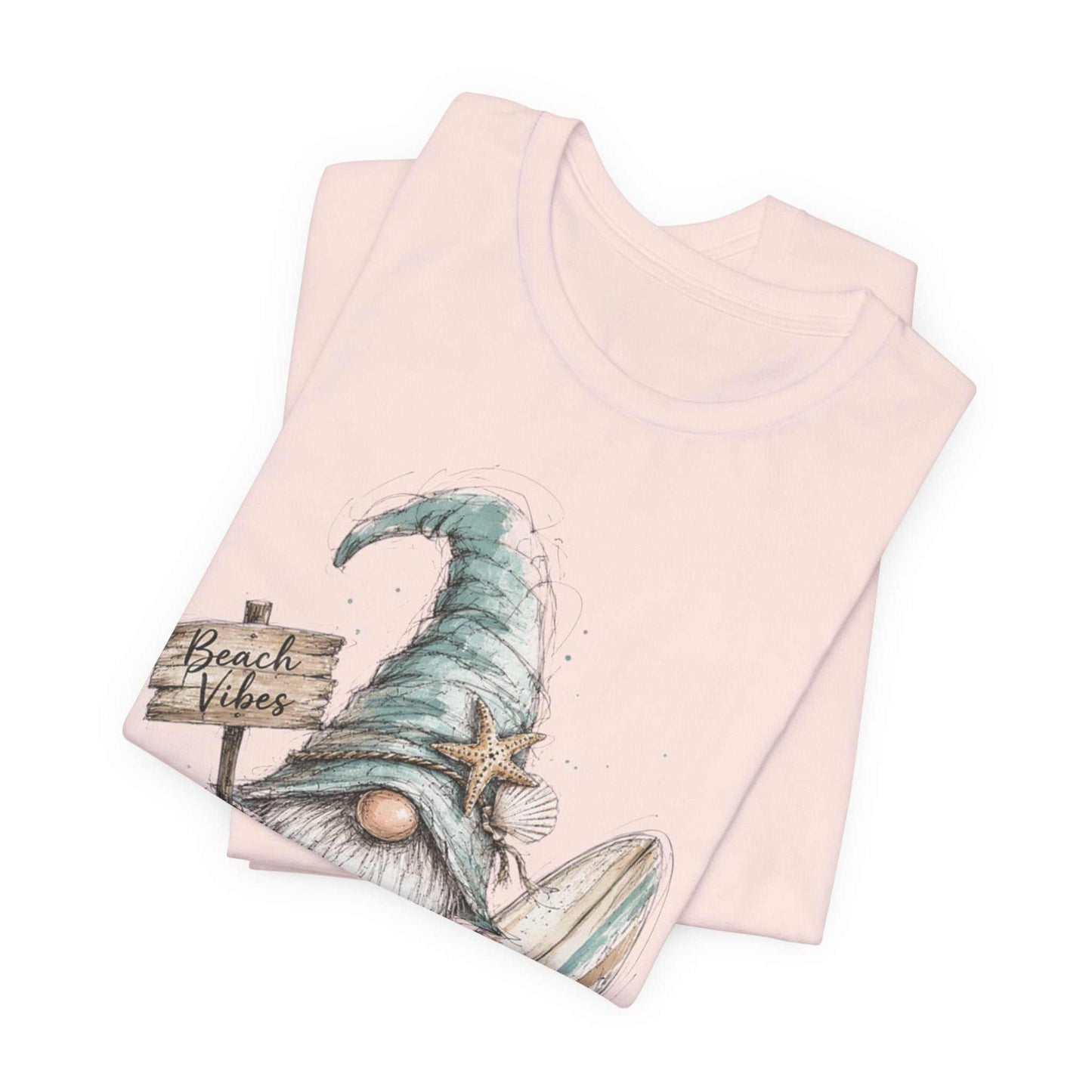 Beach Gnome Shirt featuring whimsical hand-drawn gnome with seashells and coastal watercolor design on lightweight unisex tee